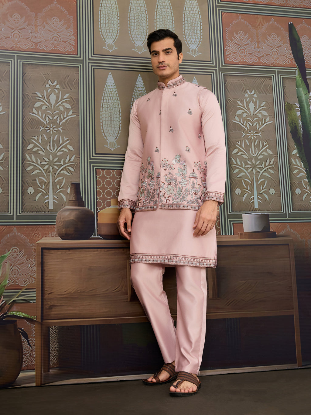 Pink Unique Color Embroidered Koti Kurta Pajama for Mens