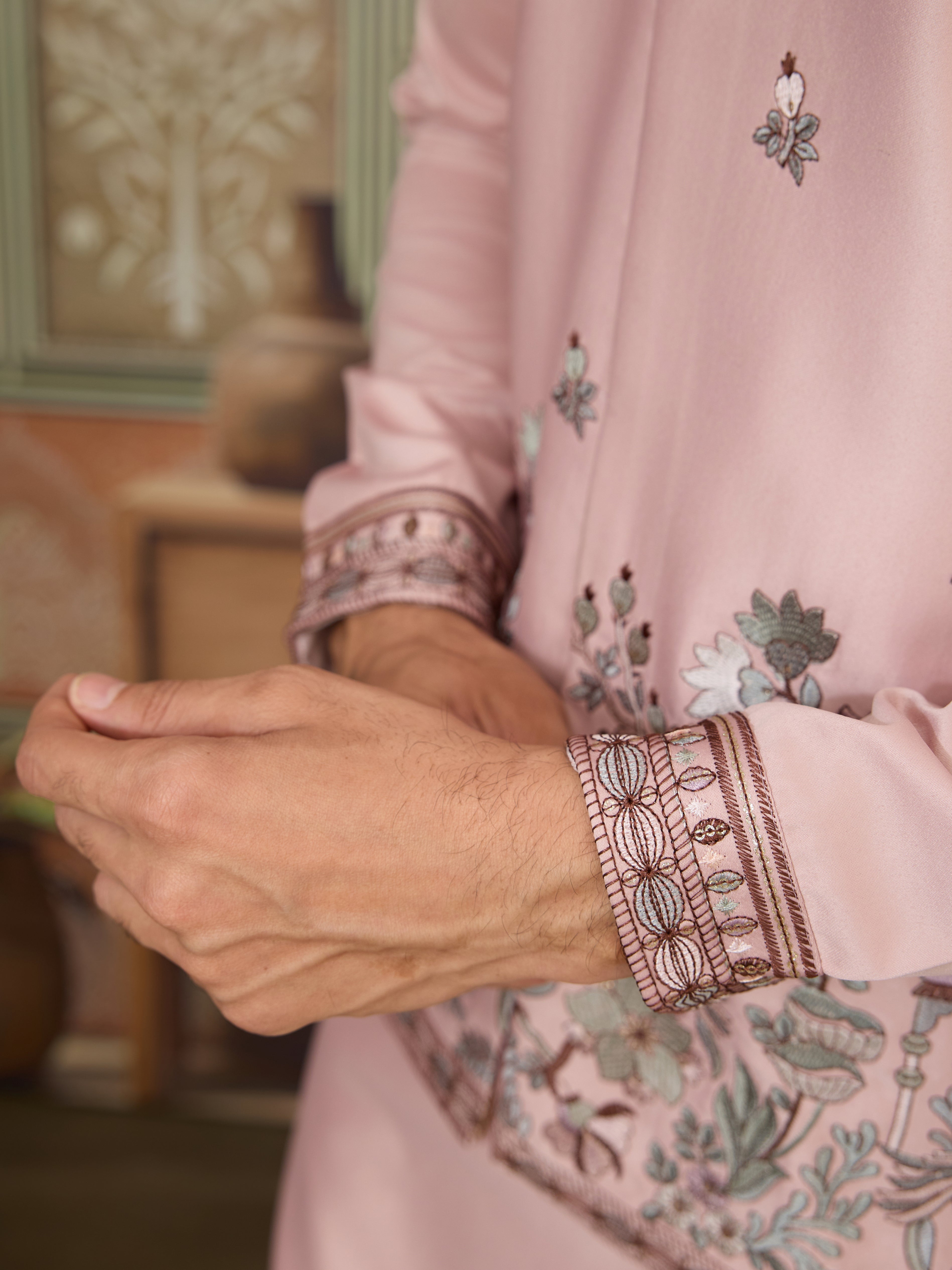 Pink Unique Color Embroidered Koti Kurta Pajama for Mens