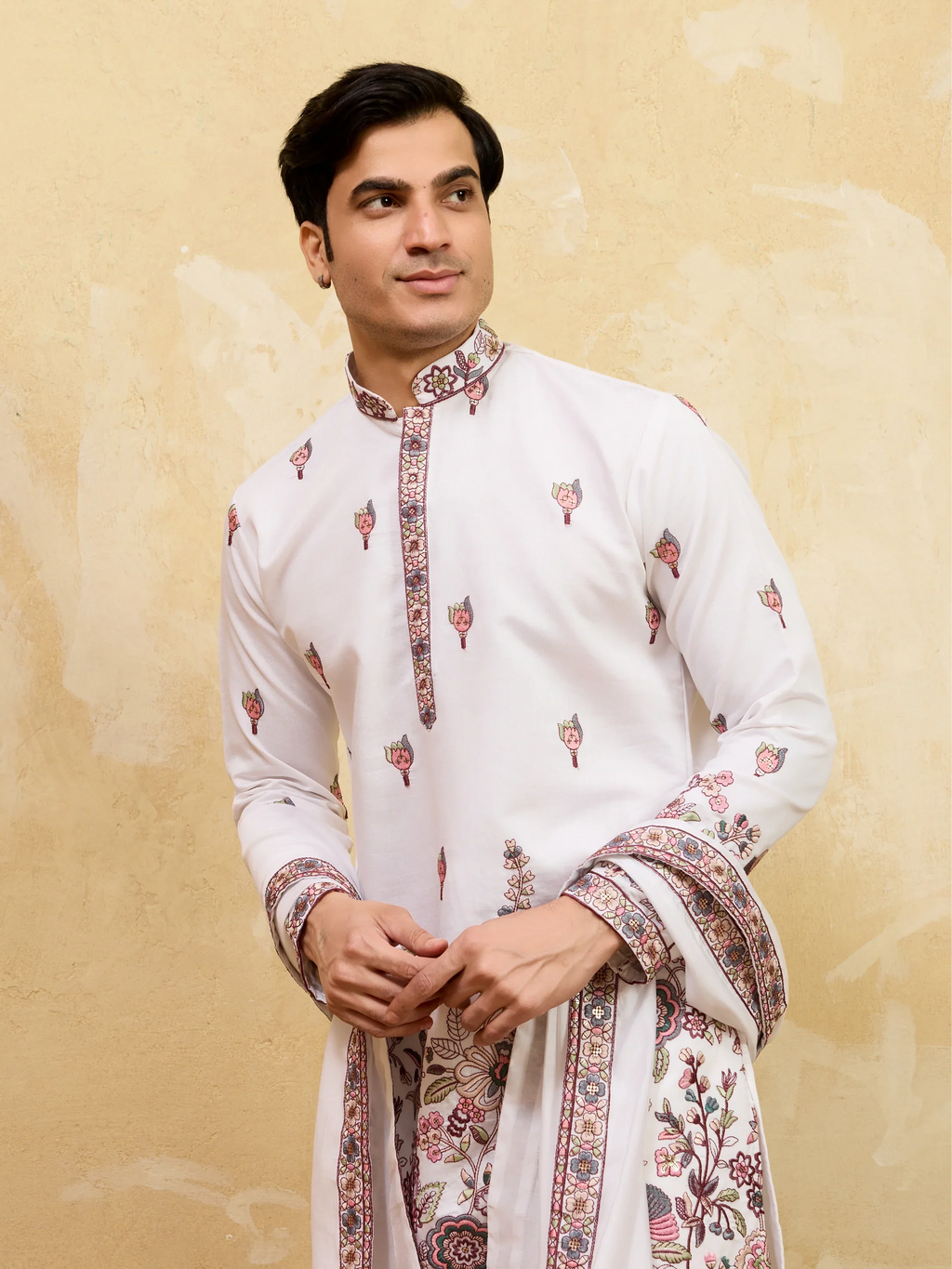 Traditional White Viscose Silk Wedding Kurta and Dupatta for Men