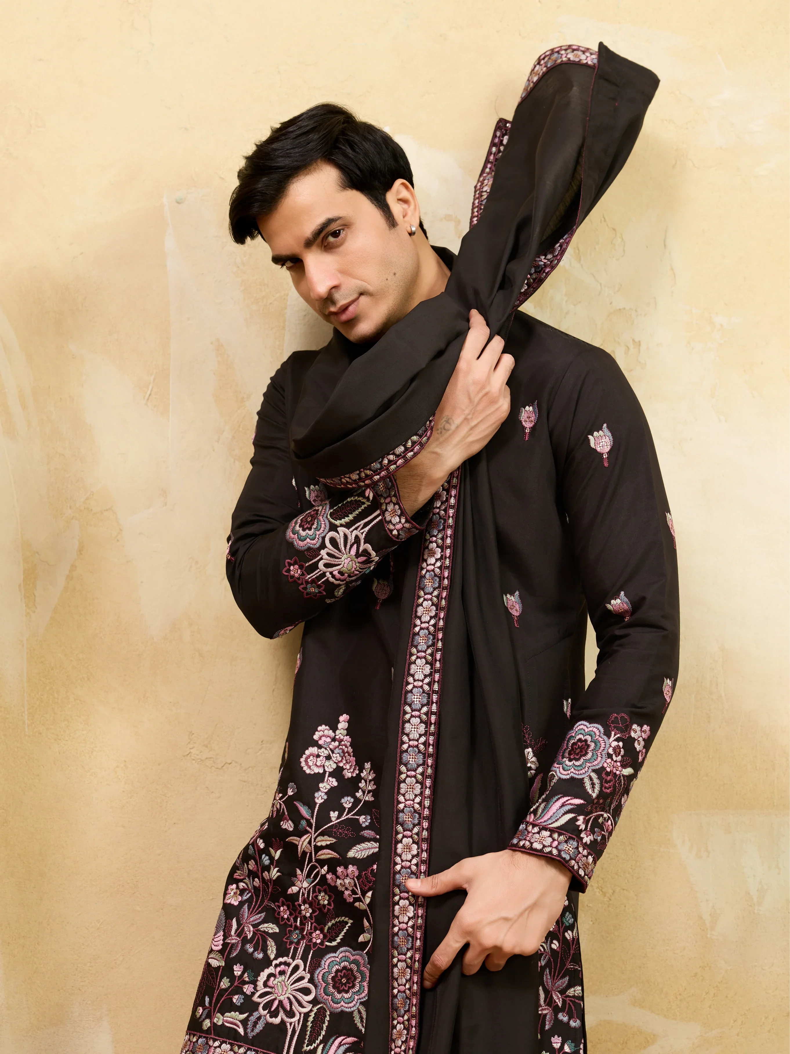 Royal Black Viscose Silk Kurta and Dupatta Set for Men Ethnic Wear