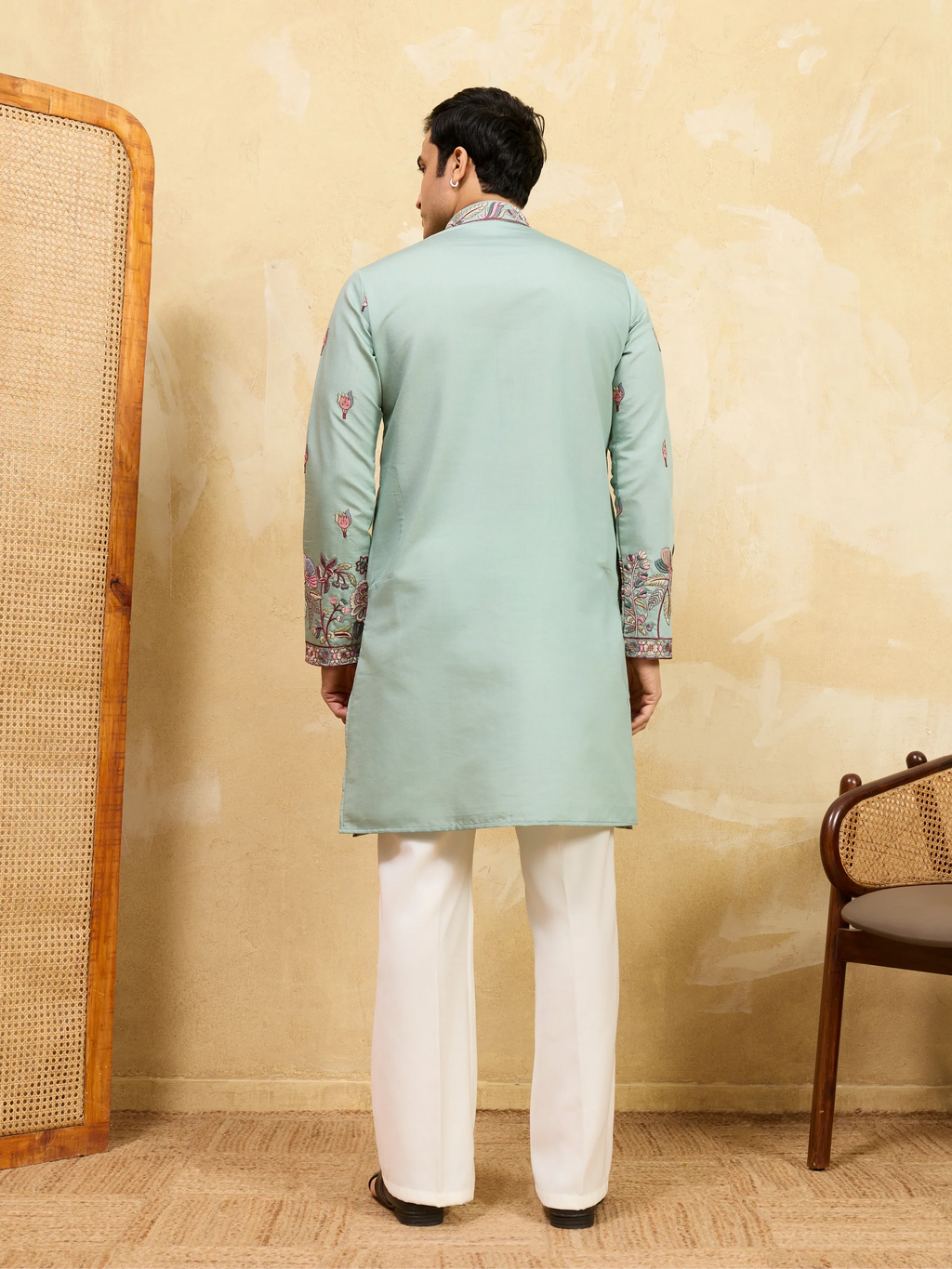 Premium Pista Green Embroidered Viscose Silk Kurta and Dupatta for Men