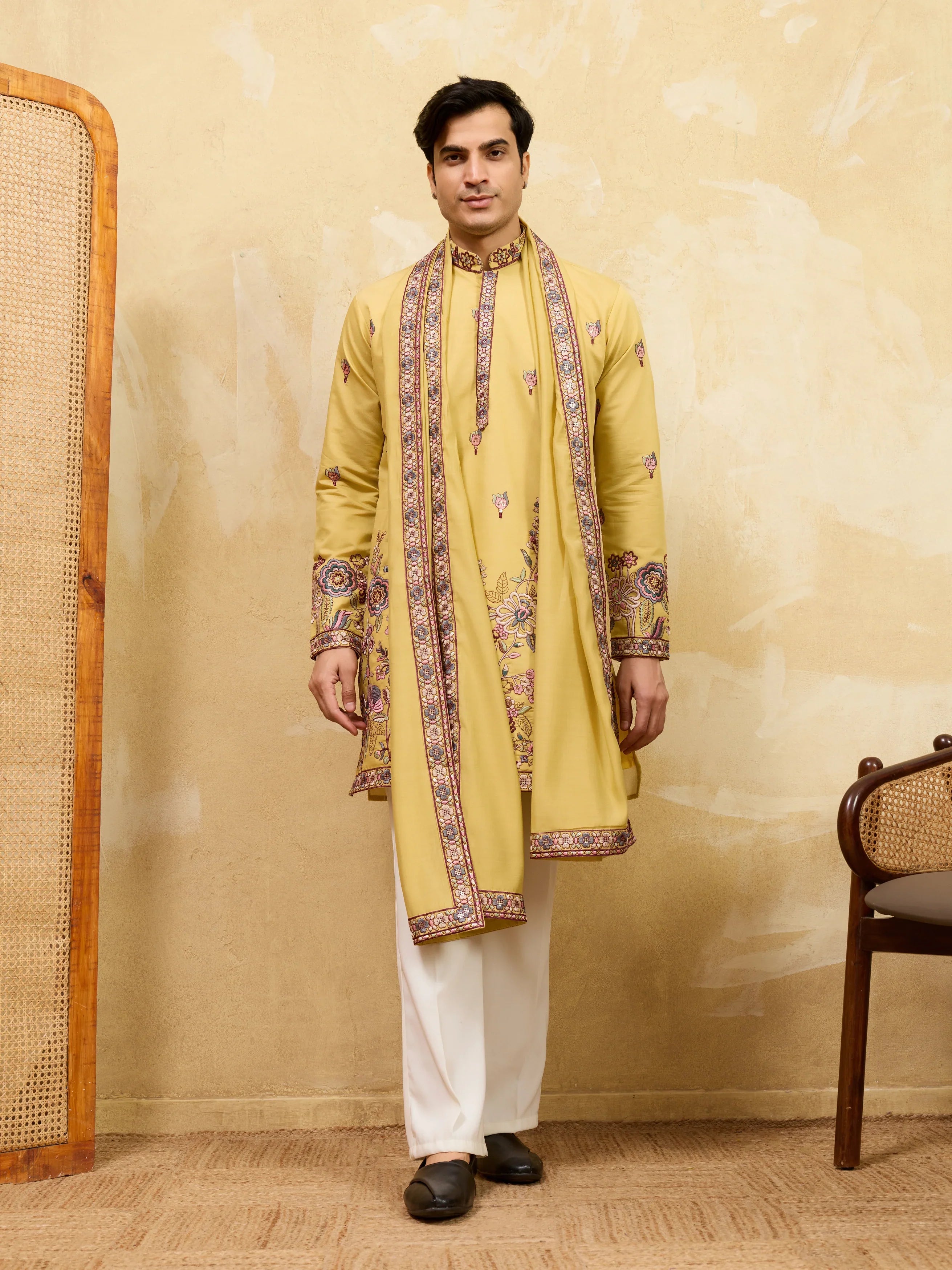 Radiant Yellow Viscose Silk Embroidered Kurta with Dupatta