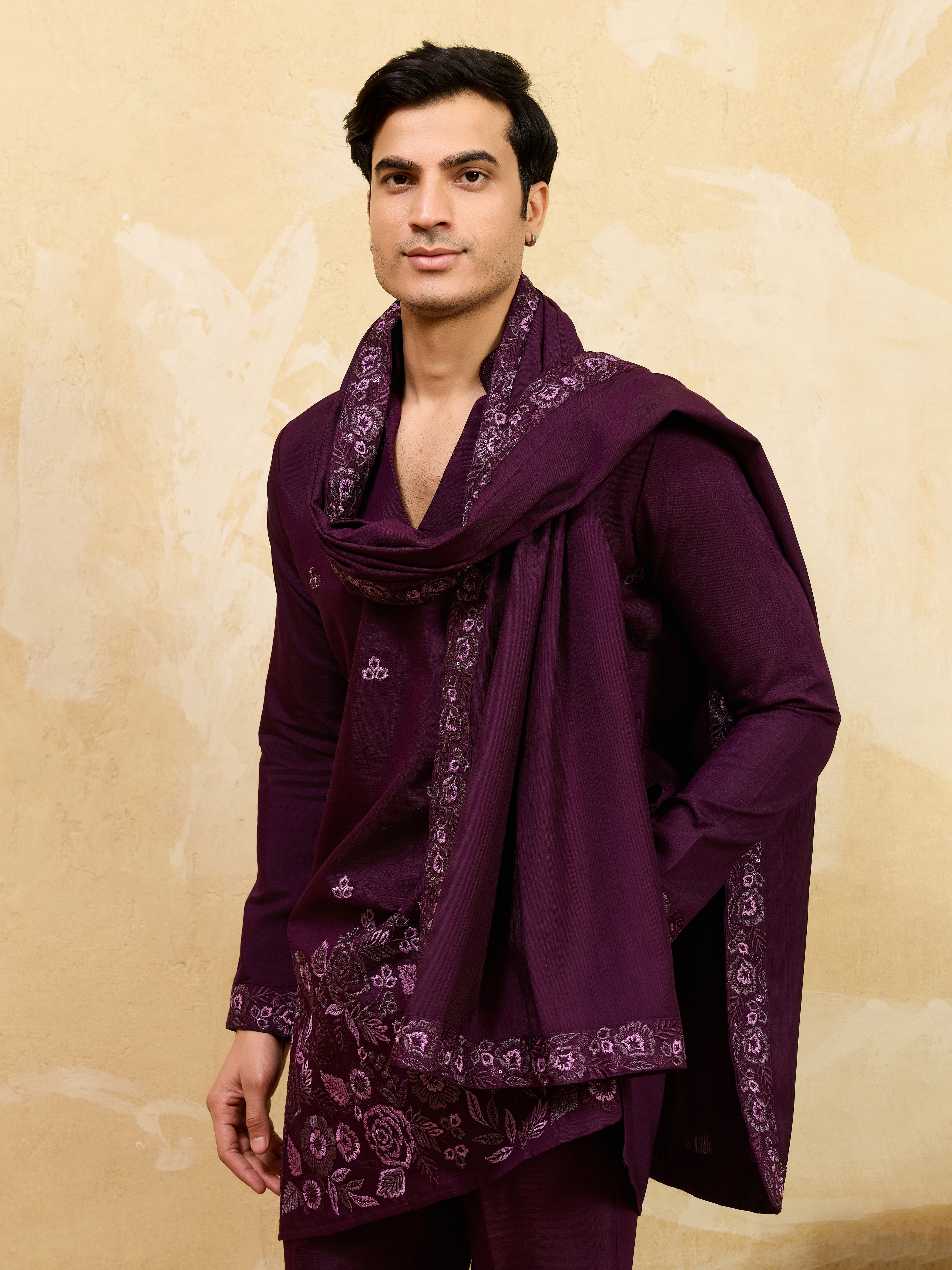 Elegant Purple Viscose Silk Embroidered Kurta Pant Dupatta Set