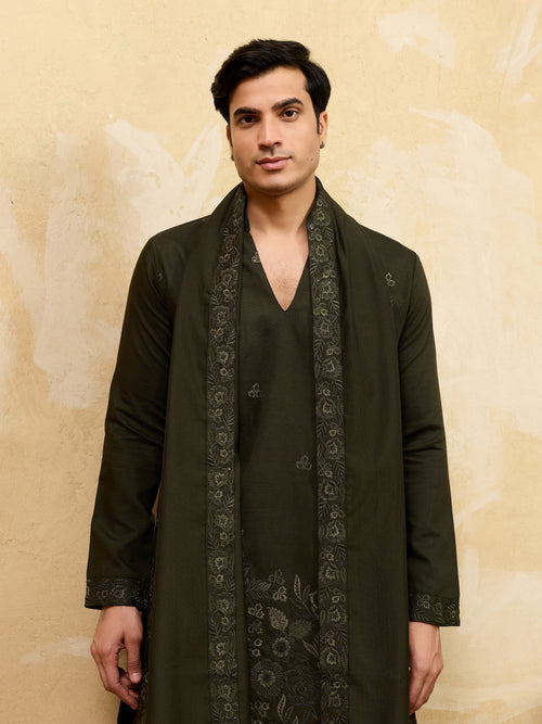 Dark Green Viscose Silk Thread Work Embroidered Kurta Dupatta Set