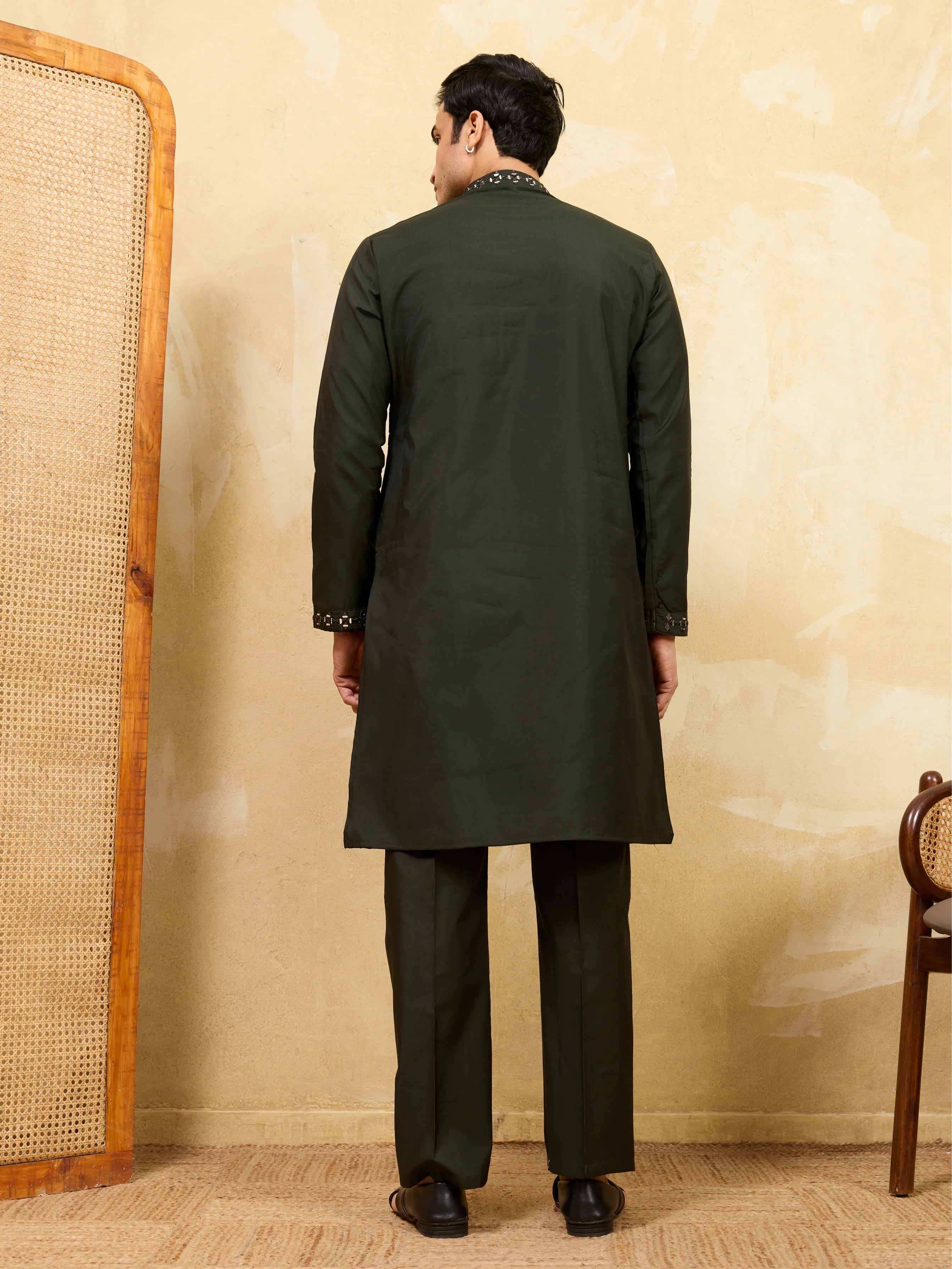 Olive Green Mirror Embroidered Kurta with Pant for Special Occasions