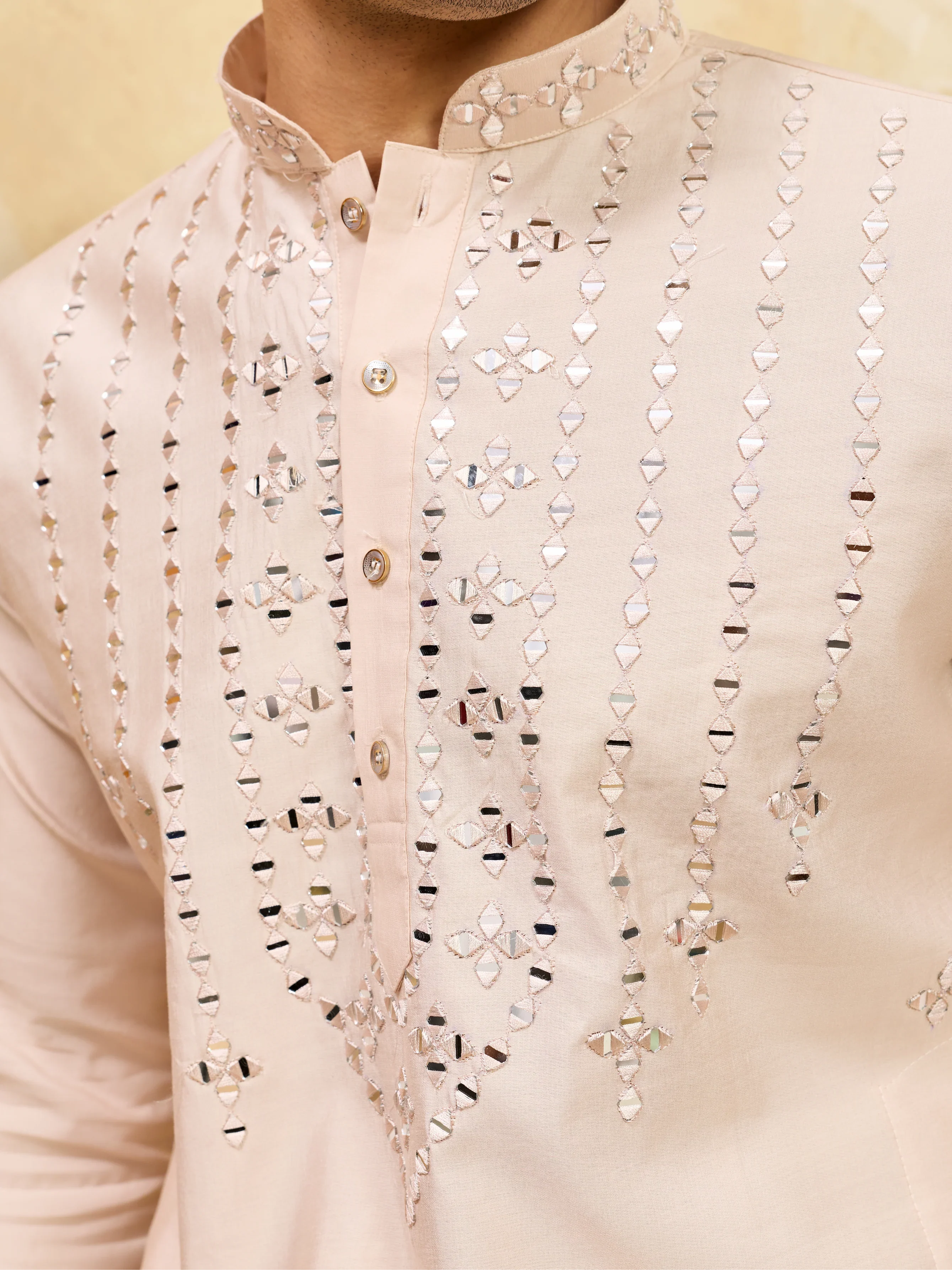 Royal Cream Mirror Kurta with Matching Pants for Wedding Attire