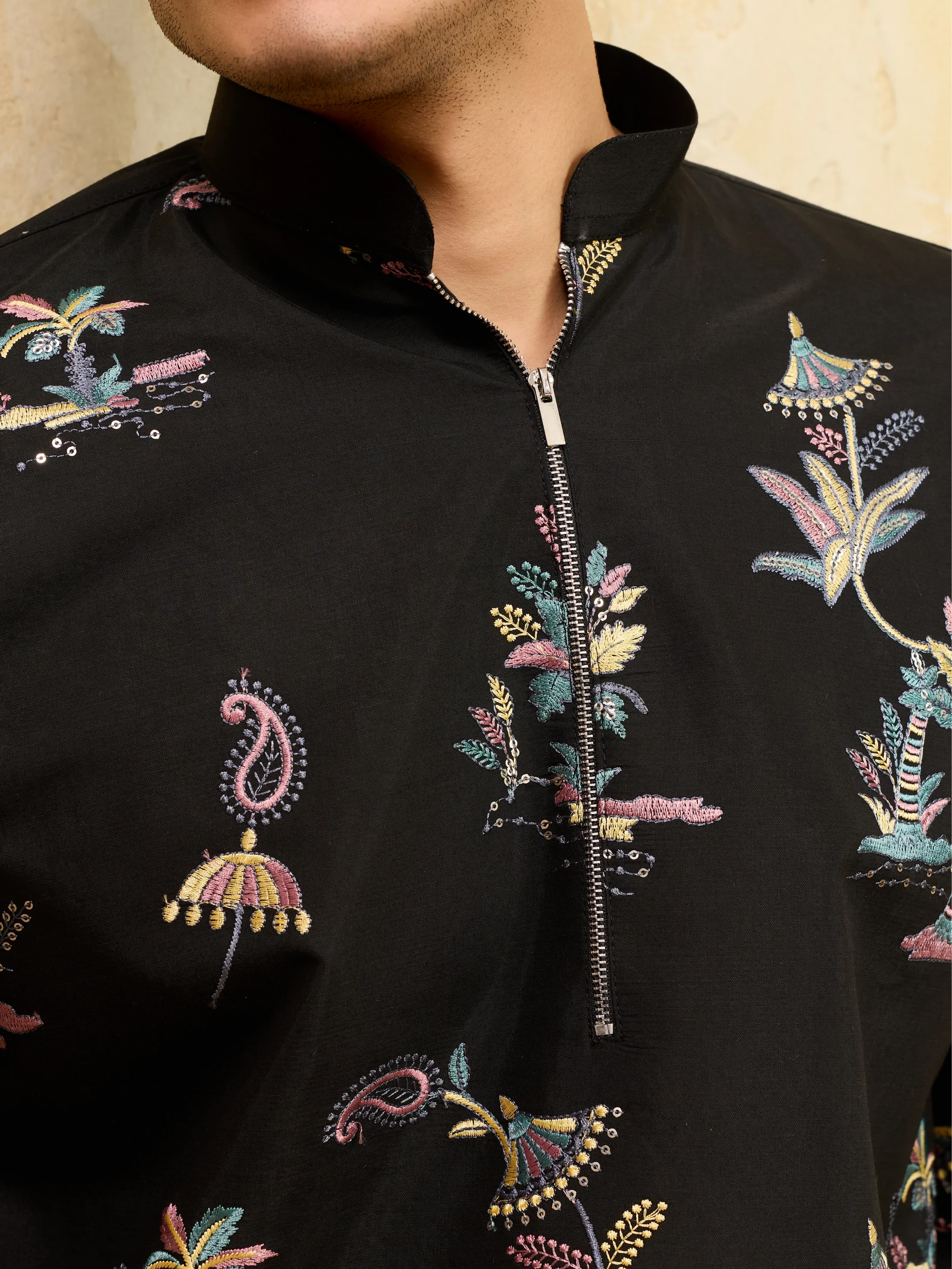 Luxury Black Viscose Silk Thread Work Kurta Set For Festive Wear