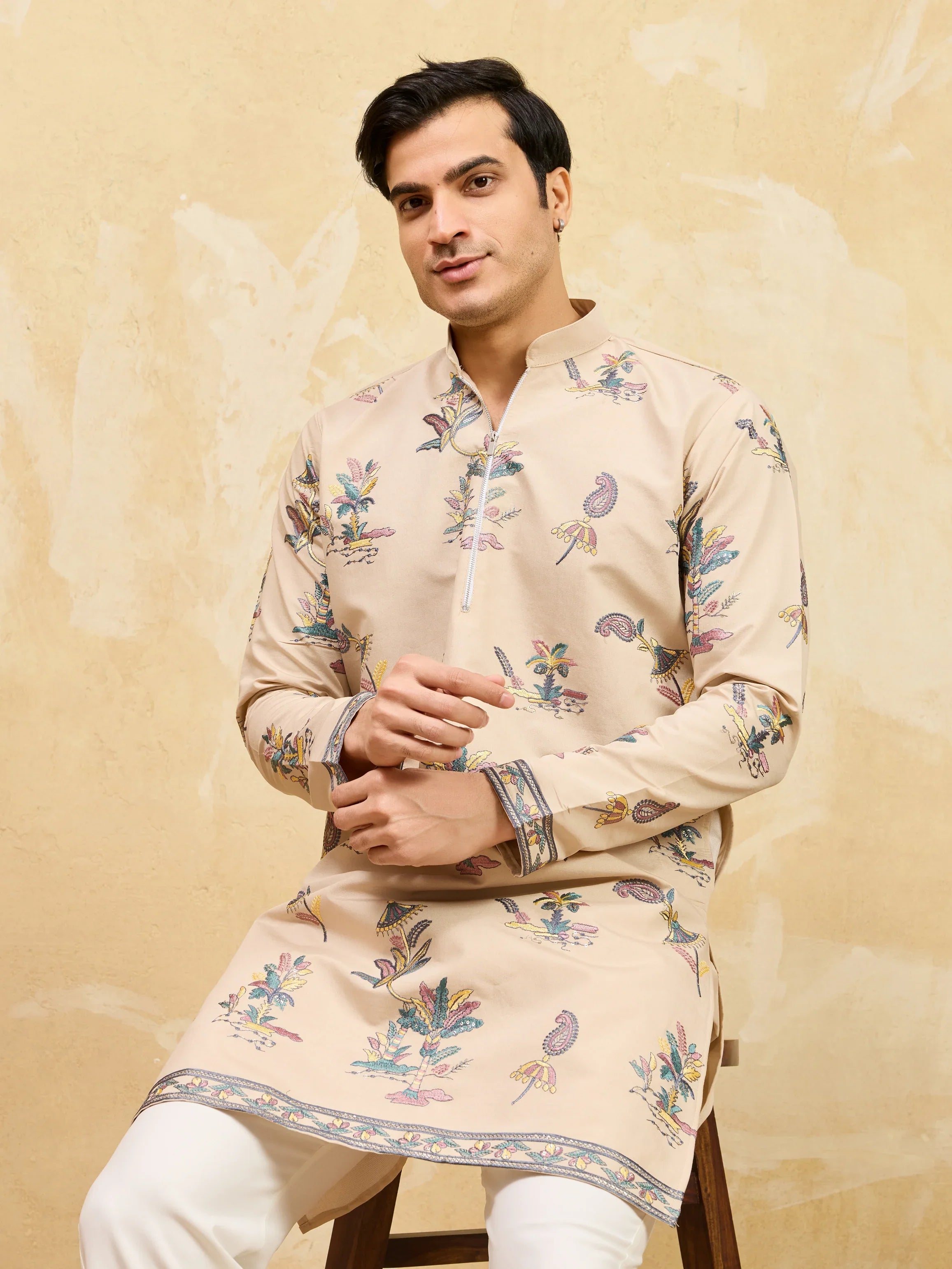 Graceful Beige Viscose Silk Kurta and Pant Set for Special Occasions