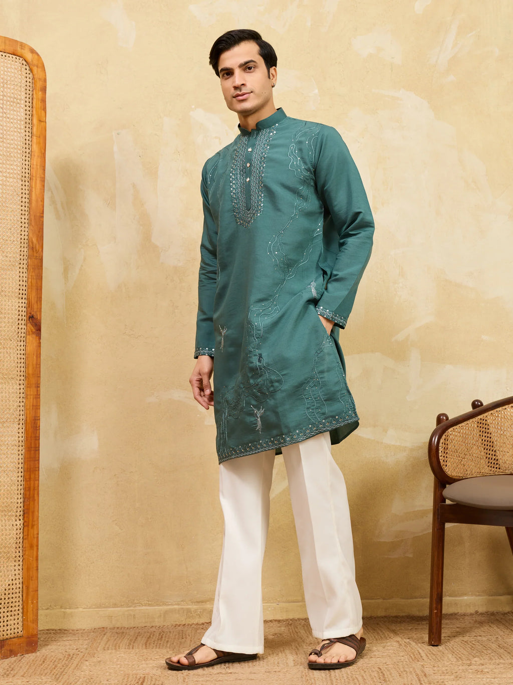 Premium Rama Green Viscose Silk Embroidered Kurta Pant Set