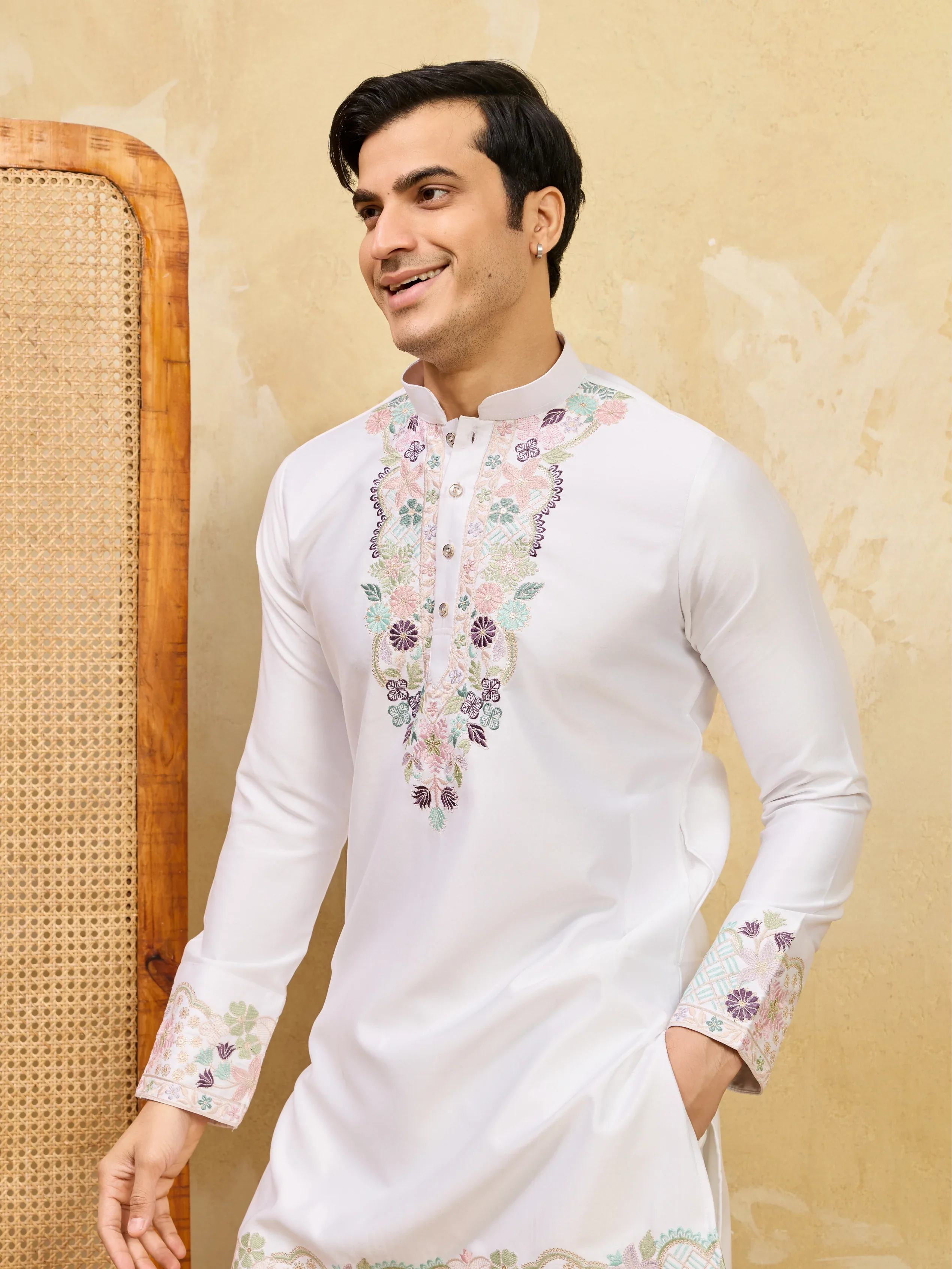 Classic White Thread Work Kurta And Pant Set For Festive Wear