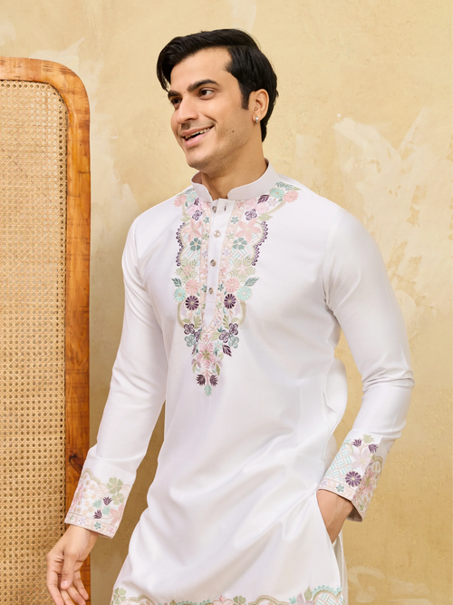 Classic White Thread Work Kurta And Pant Set For Festive Wear