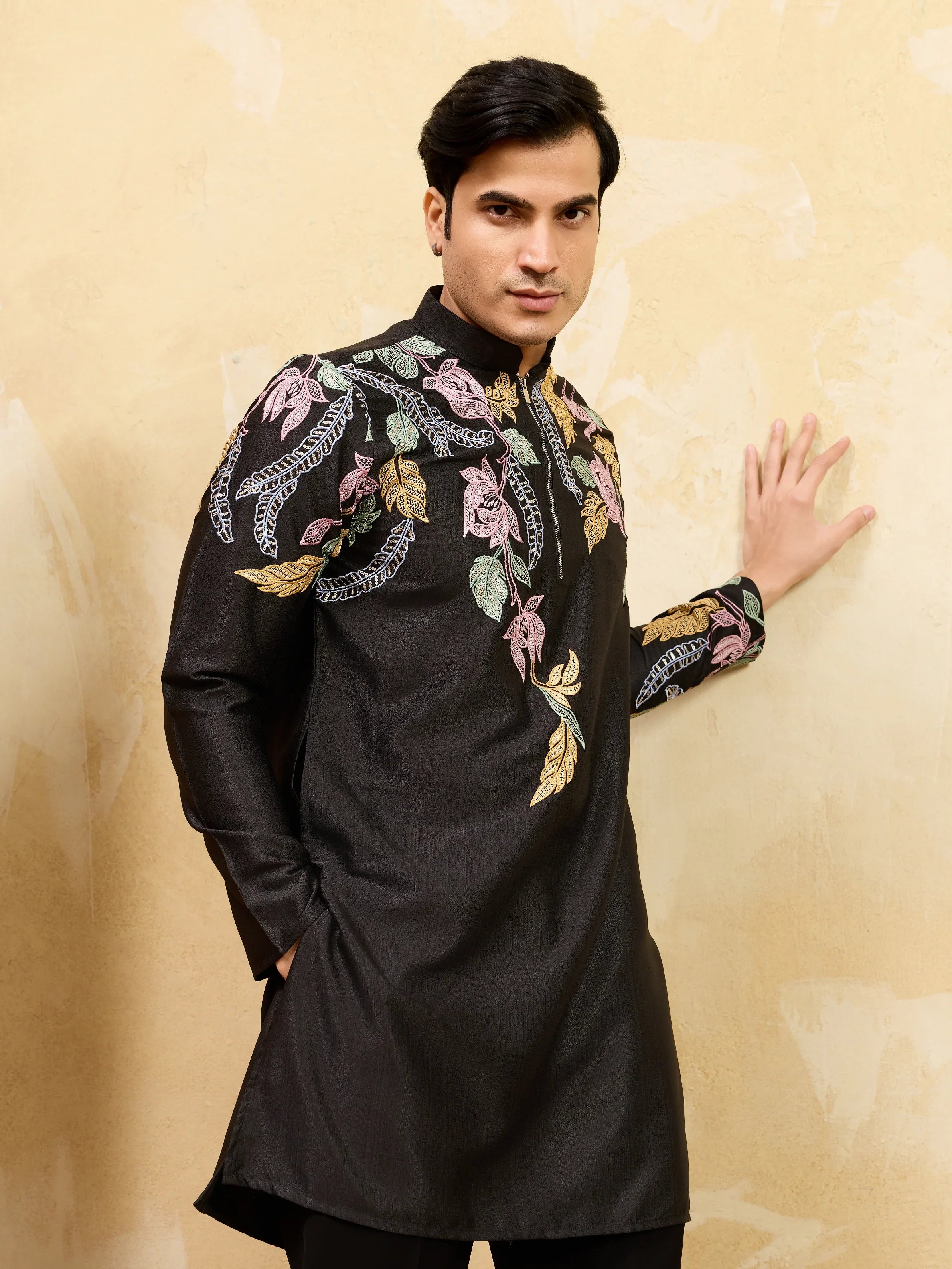 Premium Black Floral Embroidered Men’s Kurta Set For Wedding