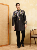 Premium Black Floral Embroidered Men’s Kurta Set For Wedding