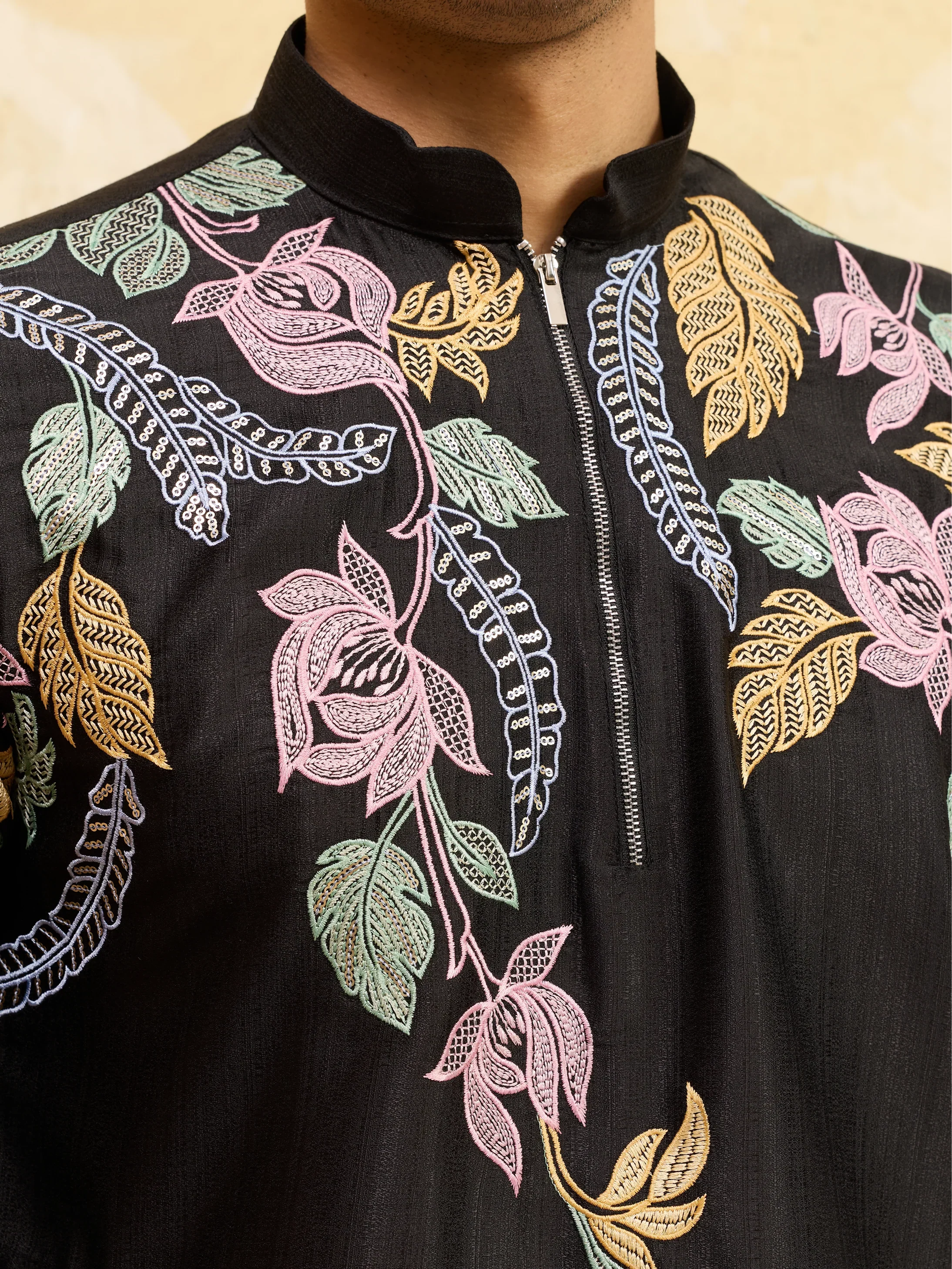 Premium Black Floral Embroidered Men’s Kurta Set For Wedding