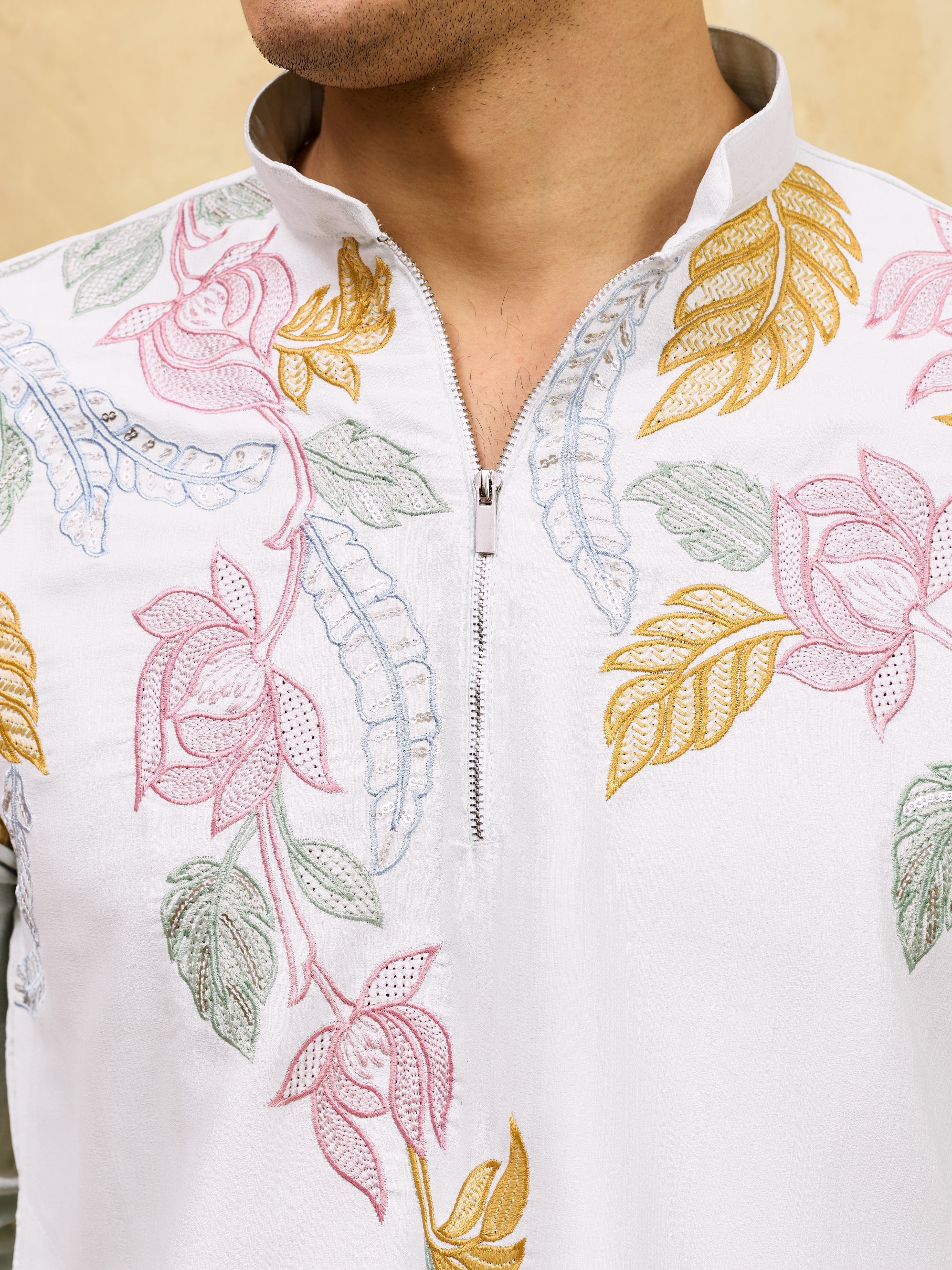 Elegant White Floral Embroidered Kurta Set for Men