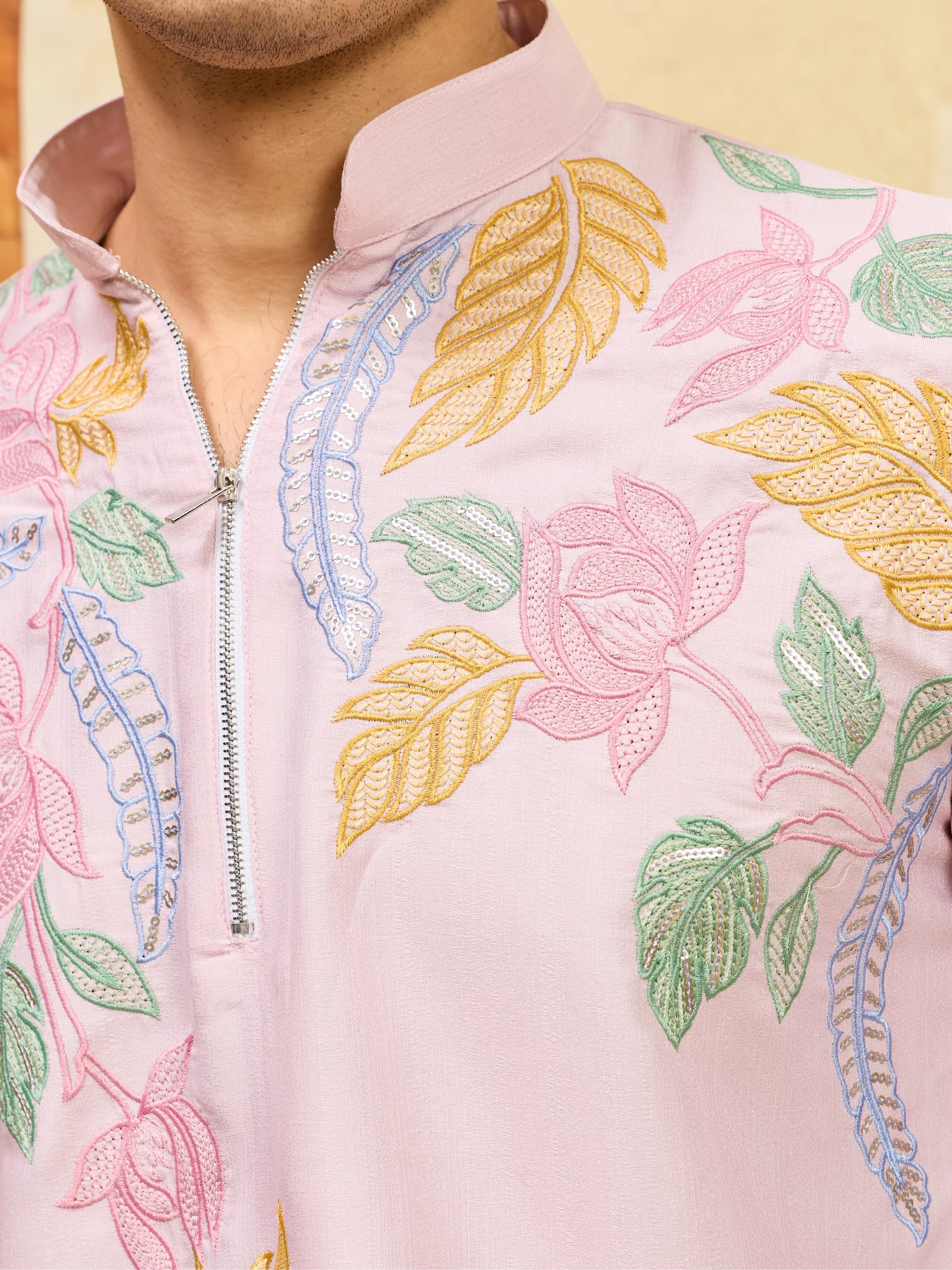 Festive Special Pink Embroidered Kurta Set for Men