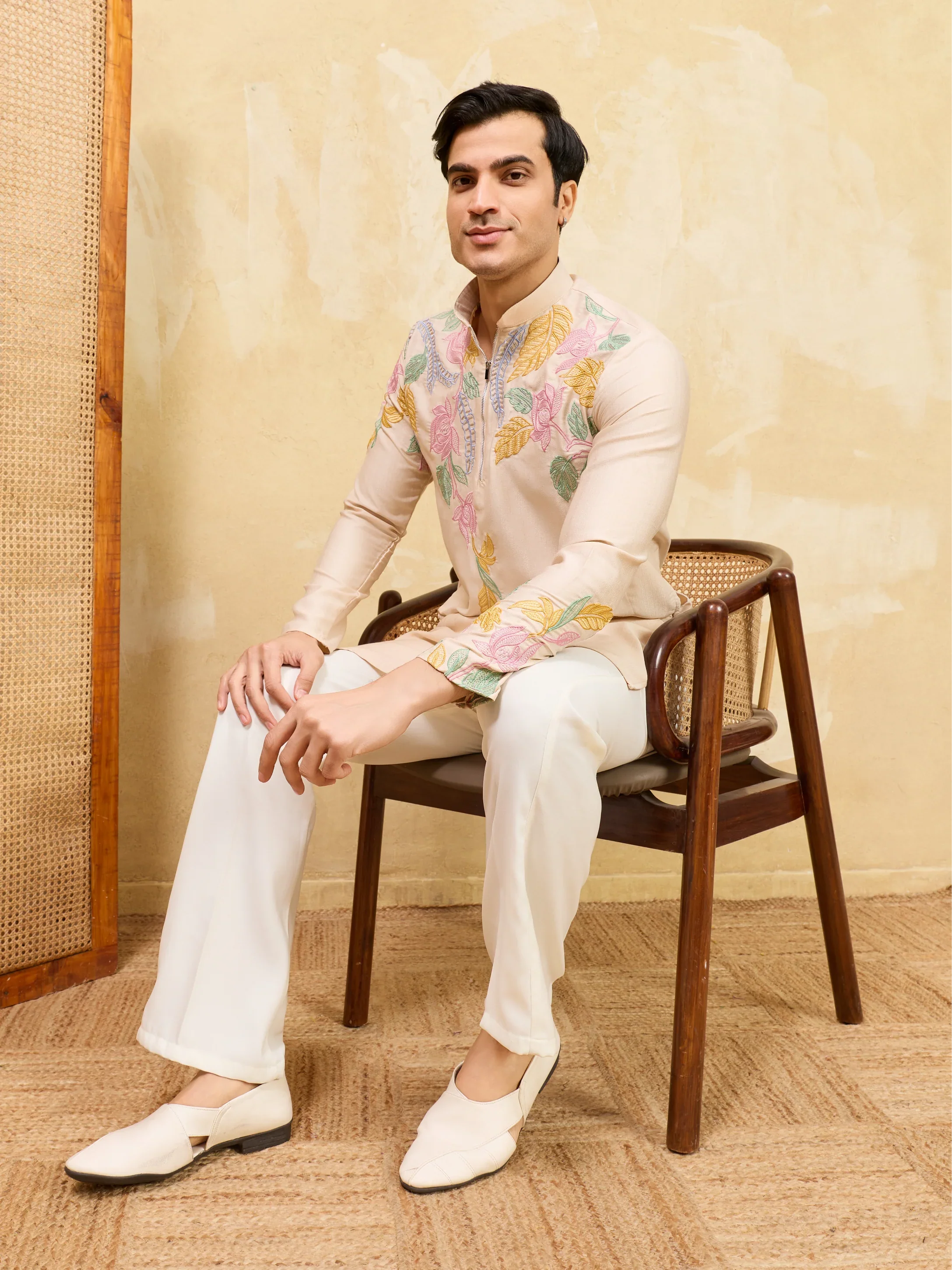 Classic Beige Floral Embroidered Kurta Set For Festive Occasions
