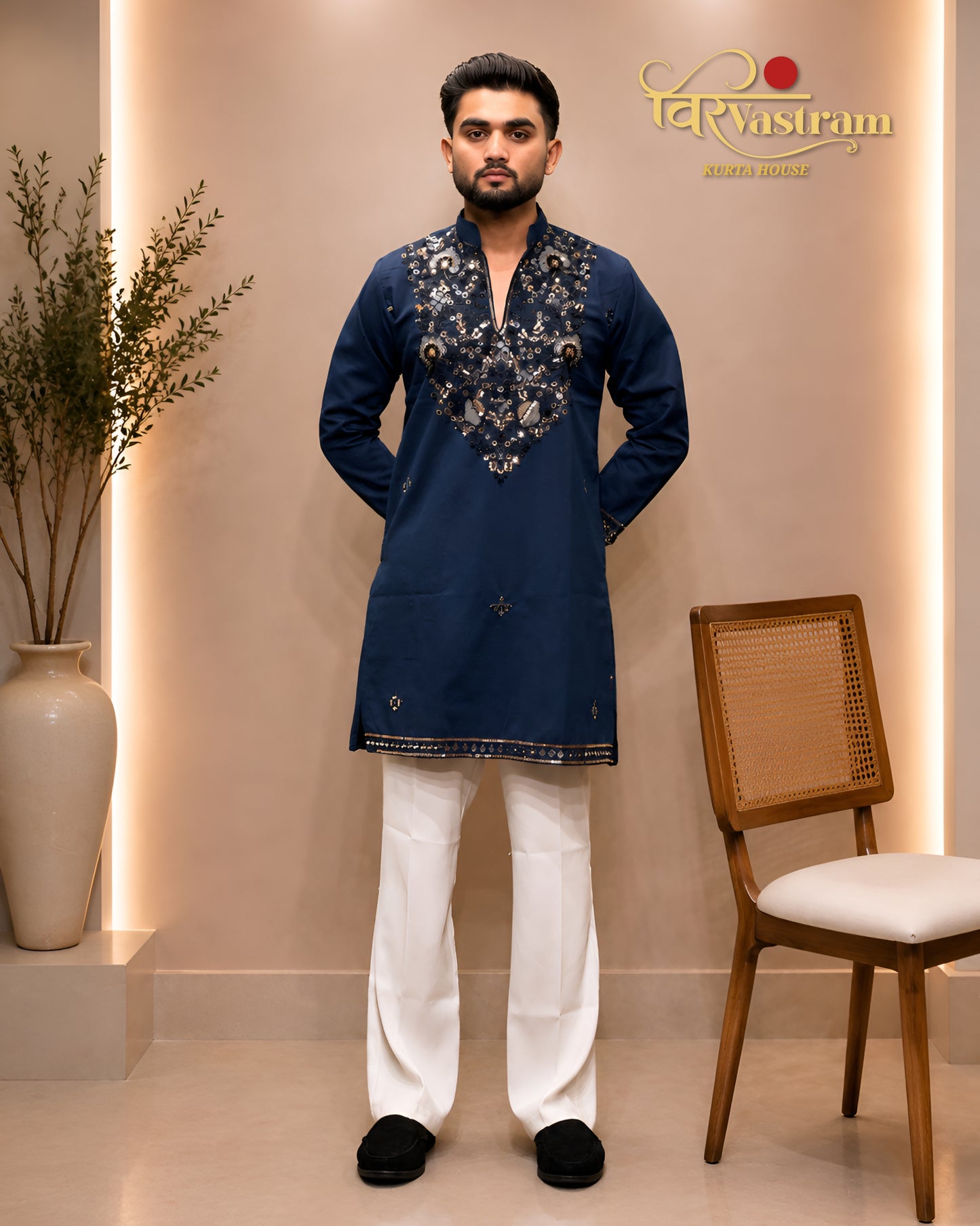Men's Floral Mirror Yoke Silk Kurta Set