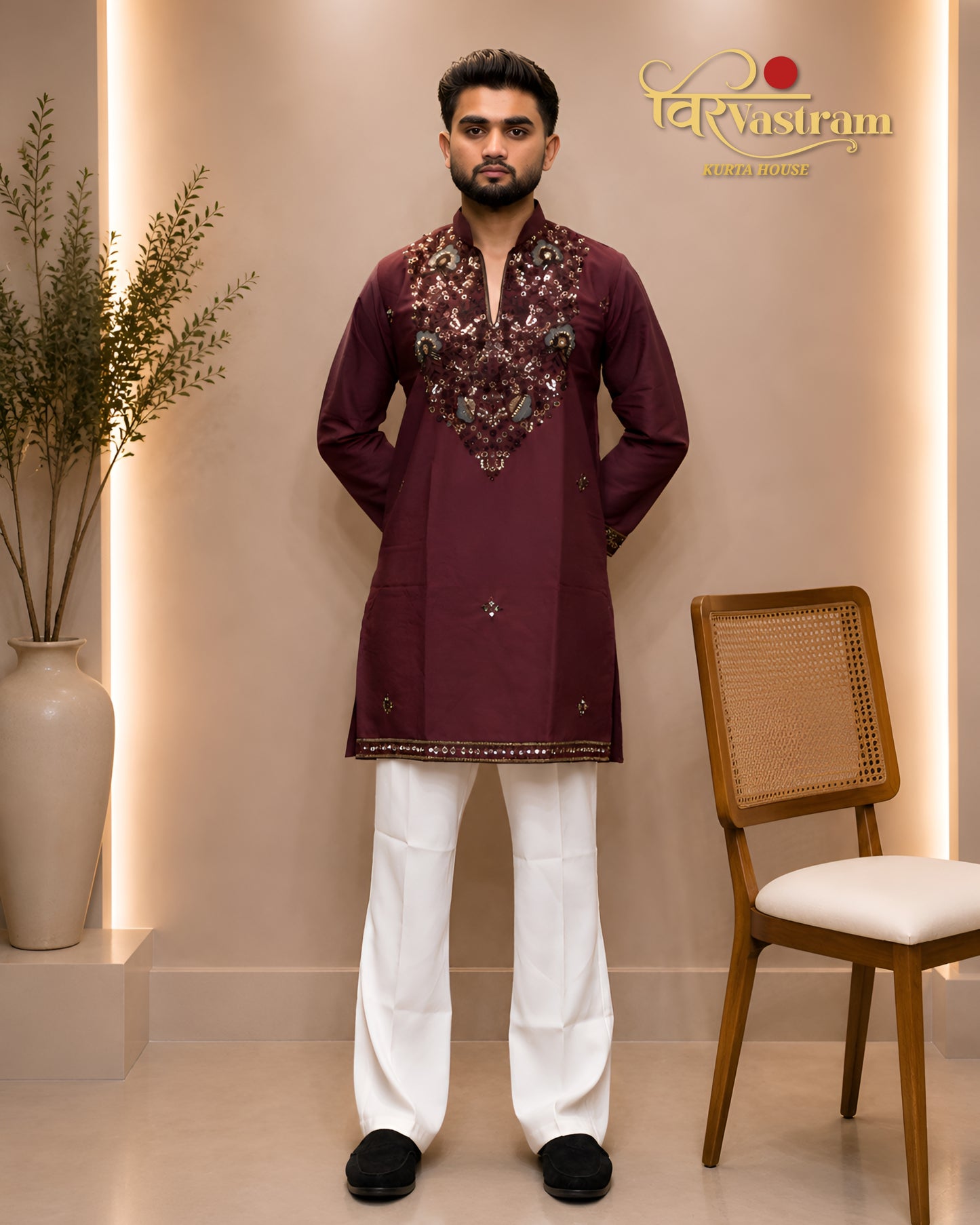 Men's Floral Mirror Yoke Silk Kurta Set
