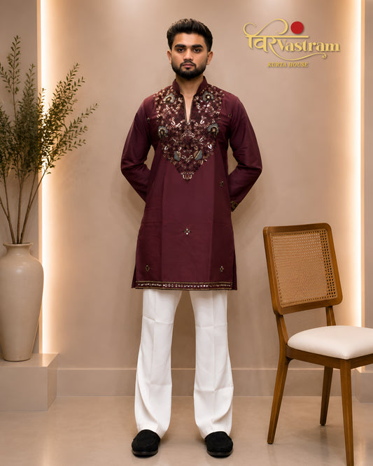 Men's Floral Mirror with Beads Armani Fabrics Short Kurta