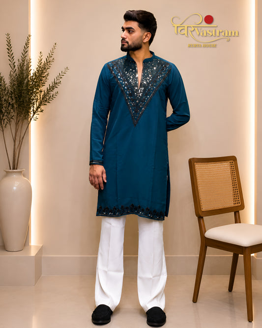 Men's Intricate Mirror & Sequined V-Yoke Silk Kurta Set | Festive & Party Wear