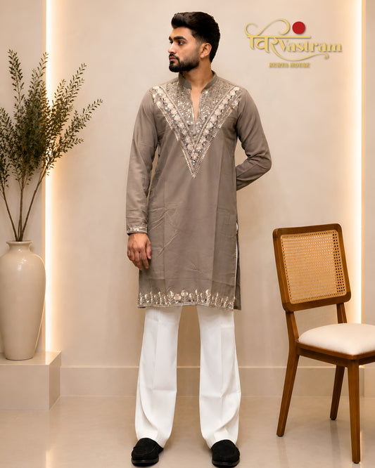 Men's Intricate Mirror & V-Yoke Armani Febric Kurta