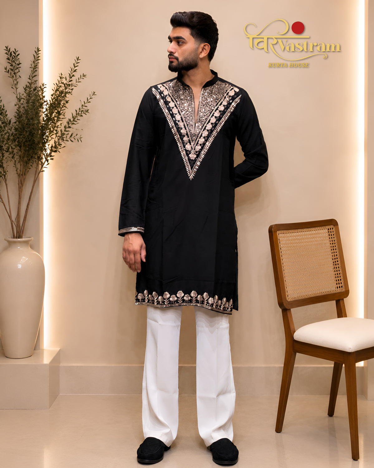 Men's Intricate Mirror & V-Yoke Armani Febric Kurta