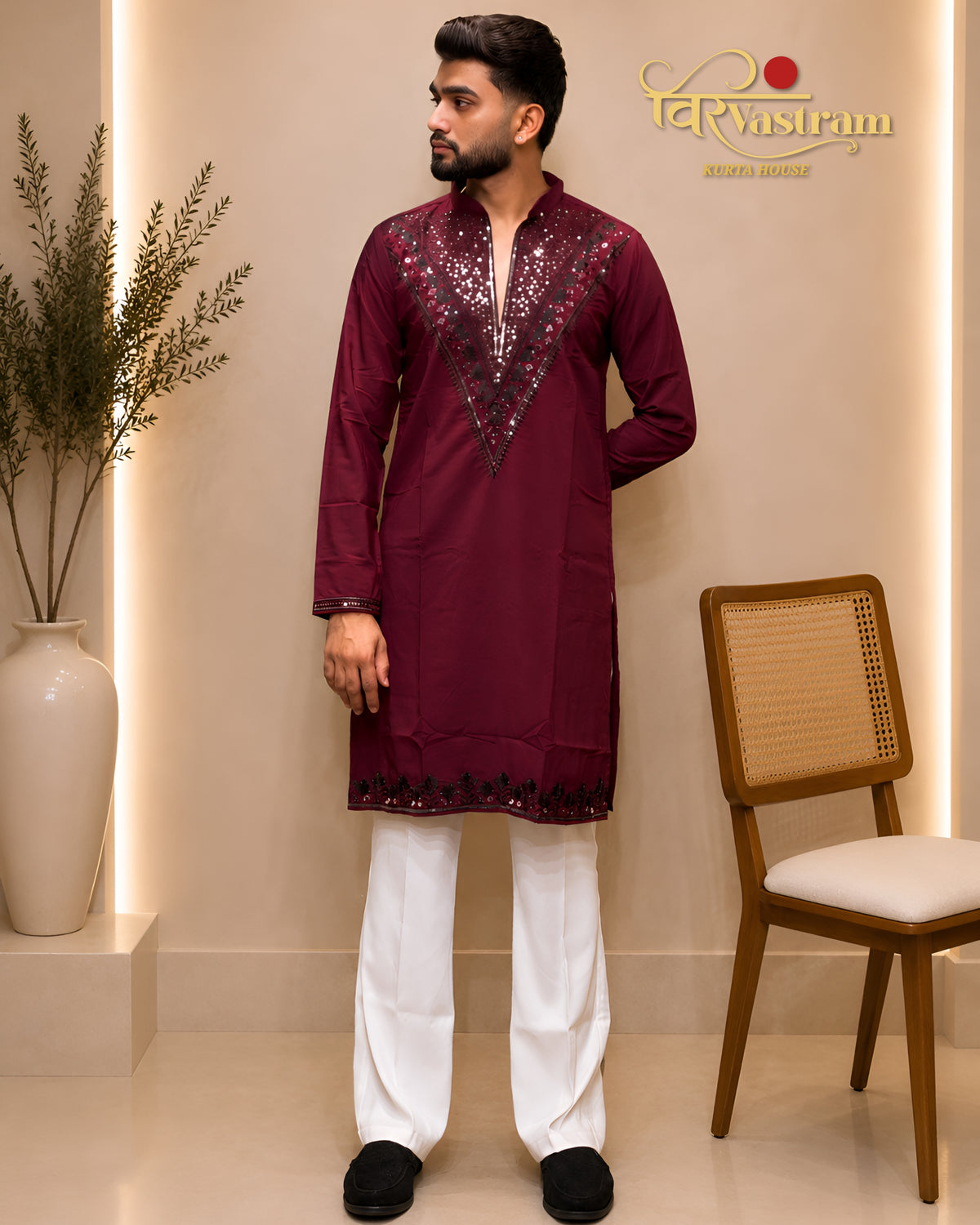 Men's Intricate Mirror & V-Yoke Armani Febric Kurta