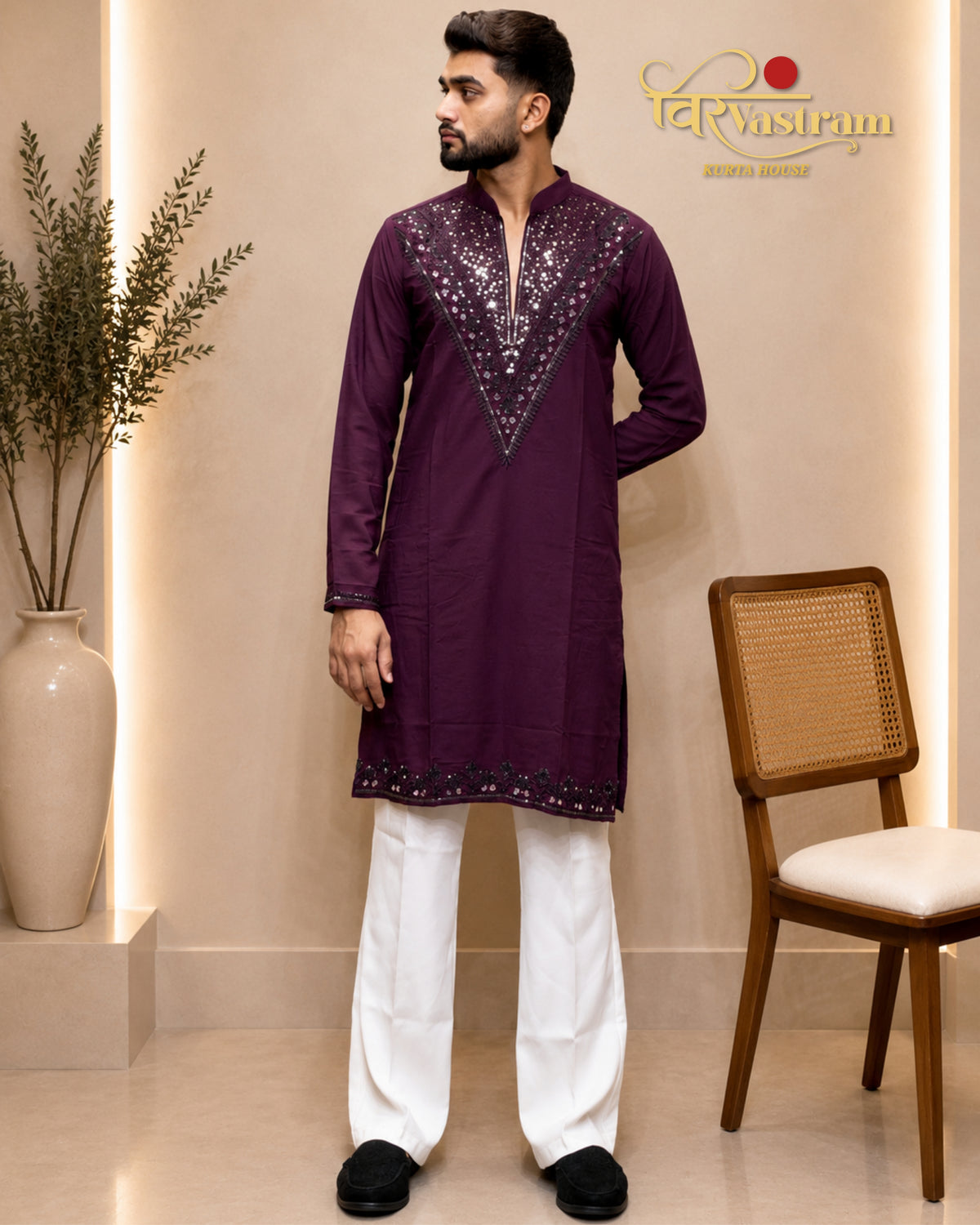 Men's Intricate Mirror & V-Yoke Armani Febric Kurta