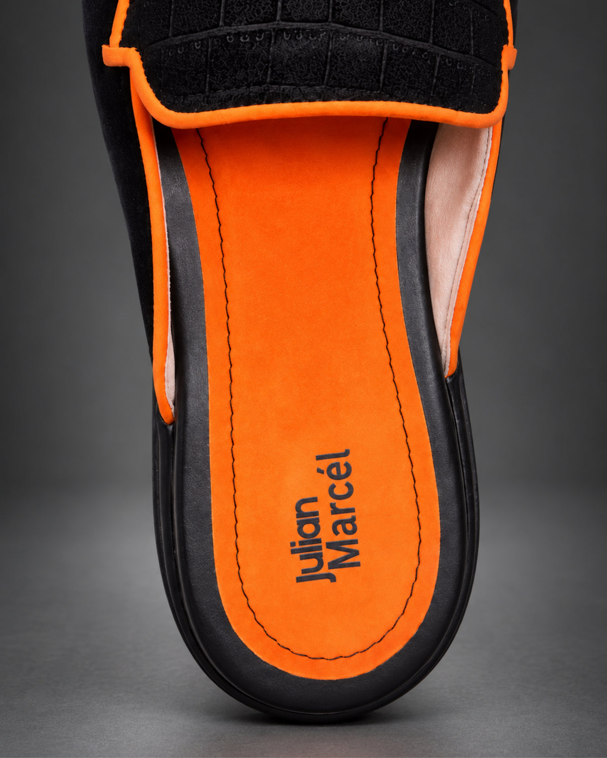 Men's Black Croc-Embossed Suede Slip-On Mules with Neon Orange Piping | Julian Marcél