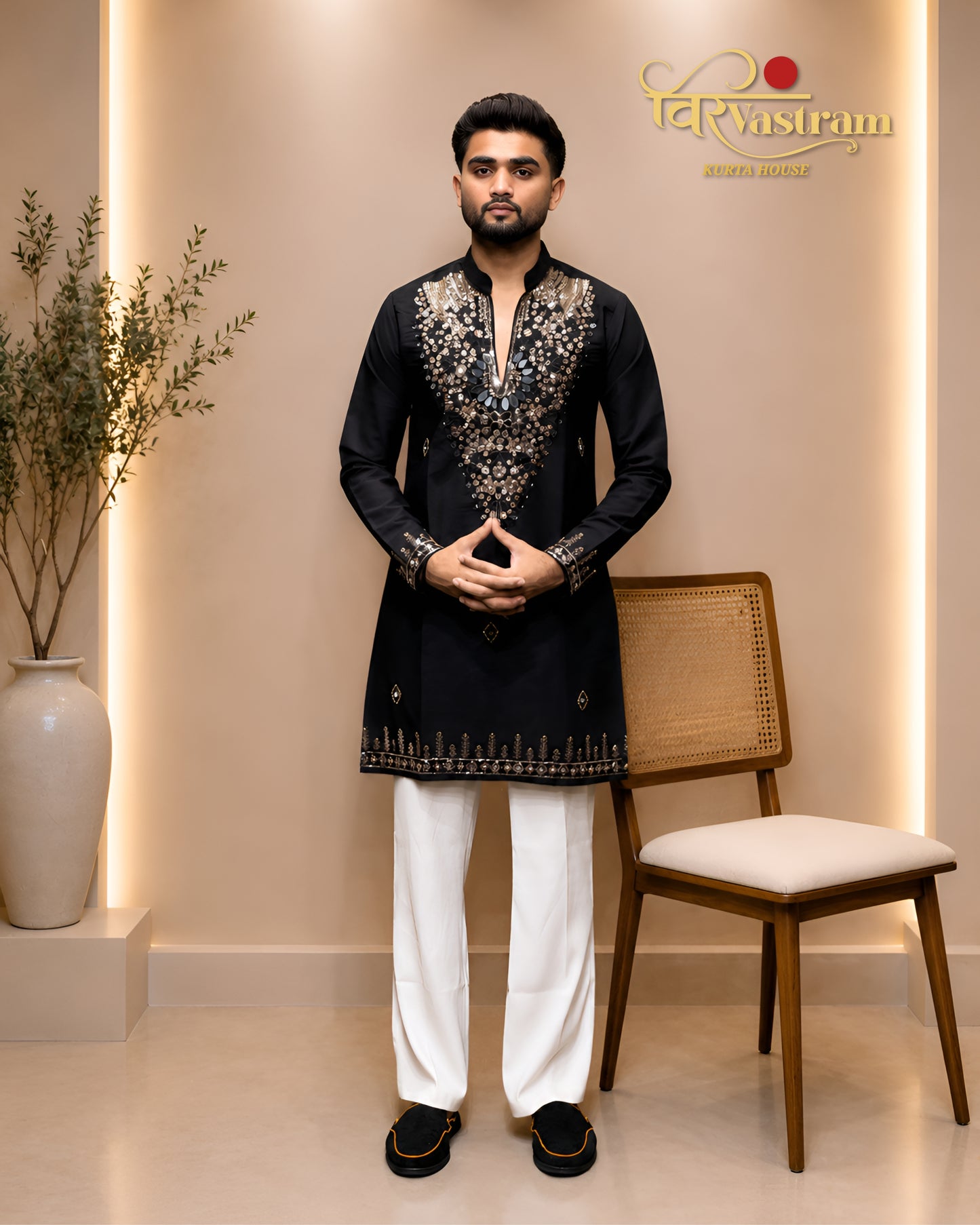 Premium Armani Fabric Mirror & Beads Work V-Neck Short Kurta