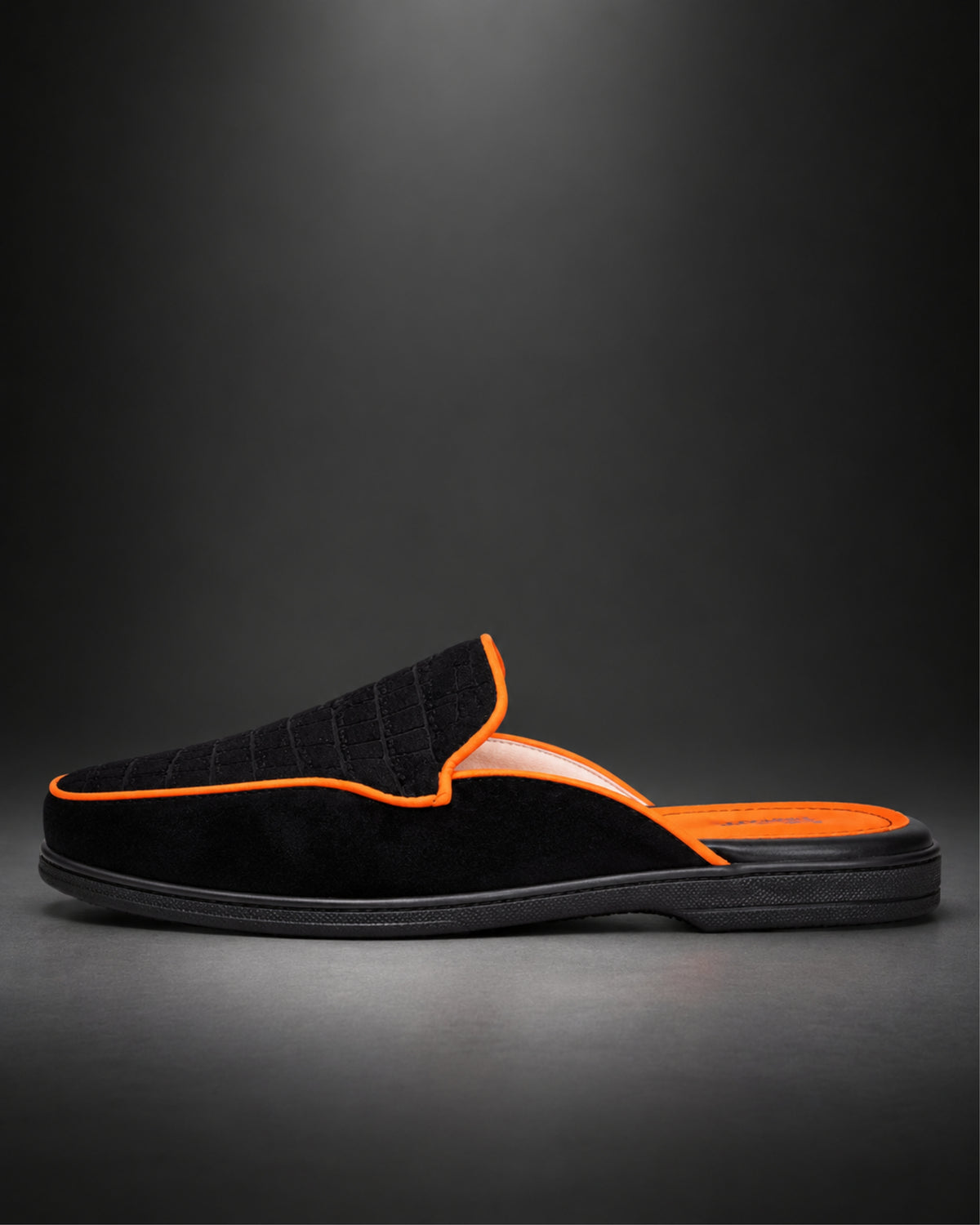 Men's Black Croc-Embossed Suede Slip-On Mules with Neon Orange Piping | Julian Marcél