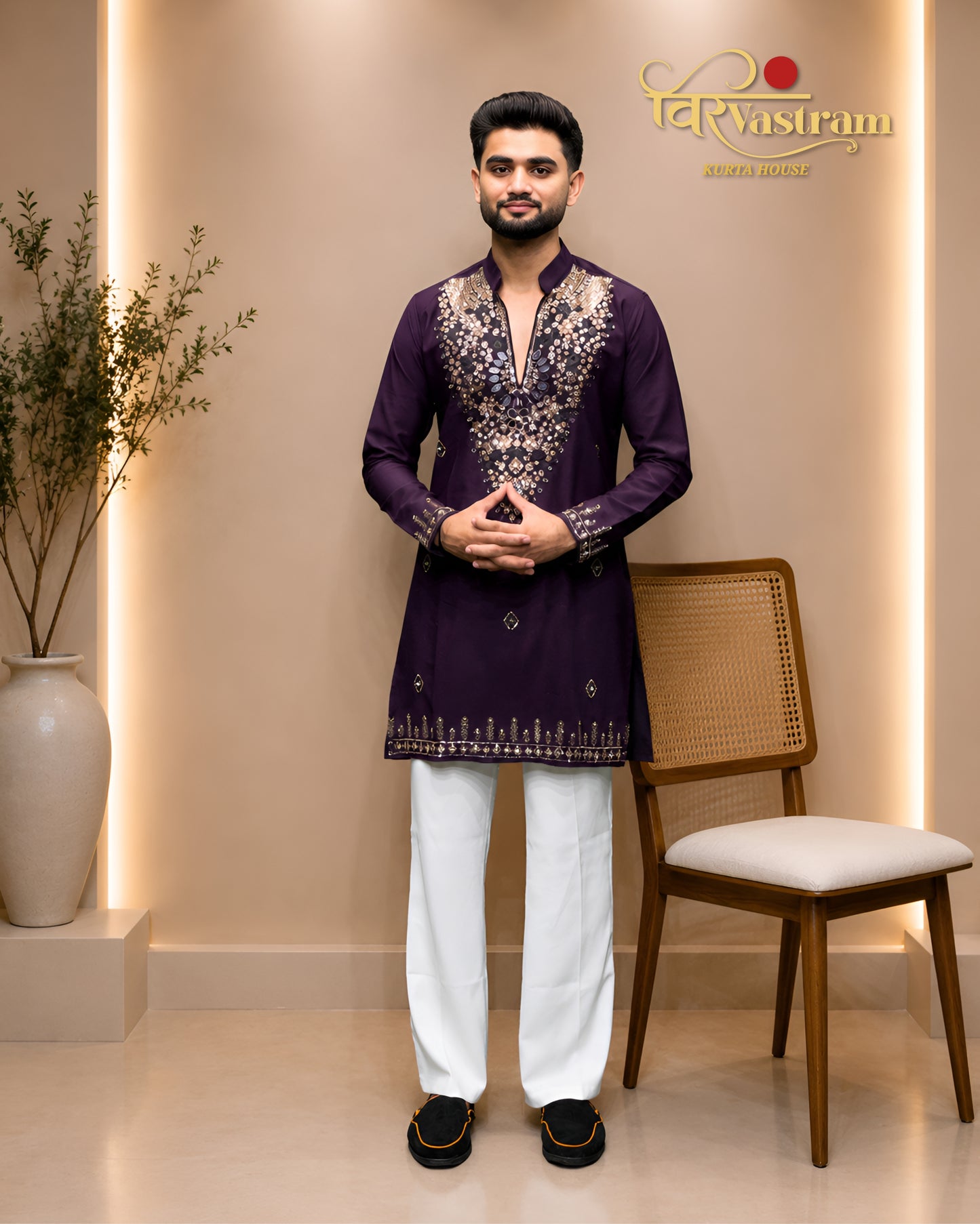 Premium Armani Fabric Mirror & Beads Work V-Neck Short Kurta