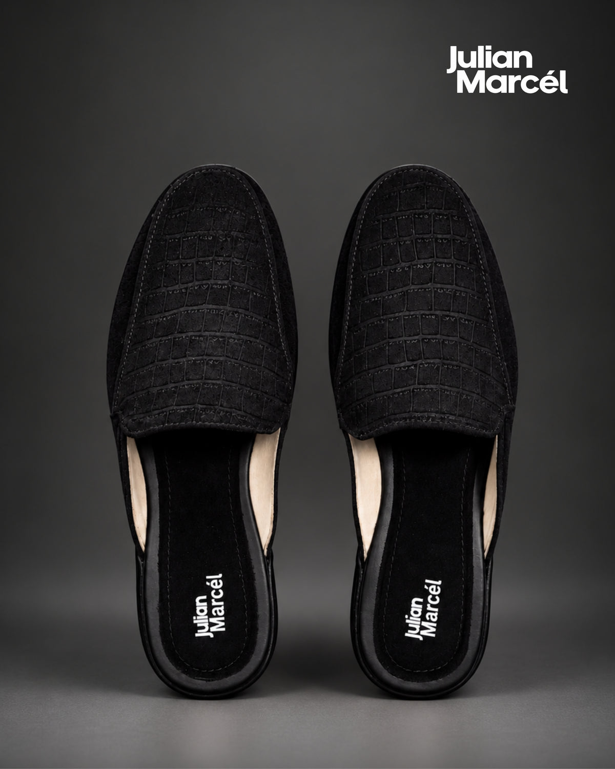 Men's Black Croc-Embossed Suede Slip-On Mules with Neon Orange Piping | Julian Marcél