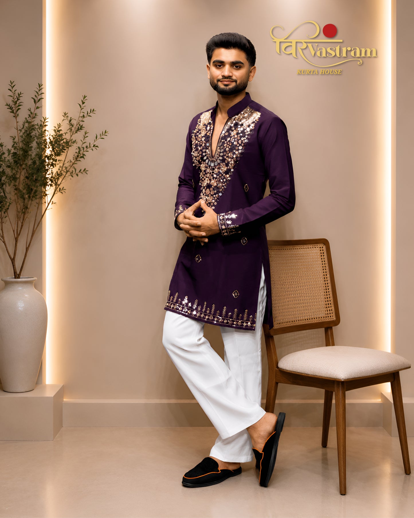 Premium Armani Fabric Mirror & Beads Work V-Neck Short Kurta