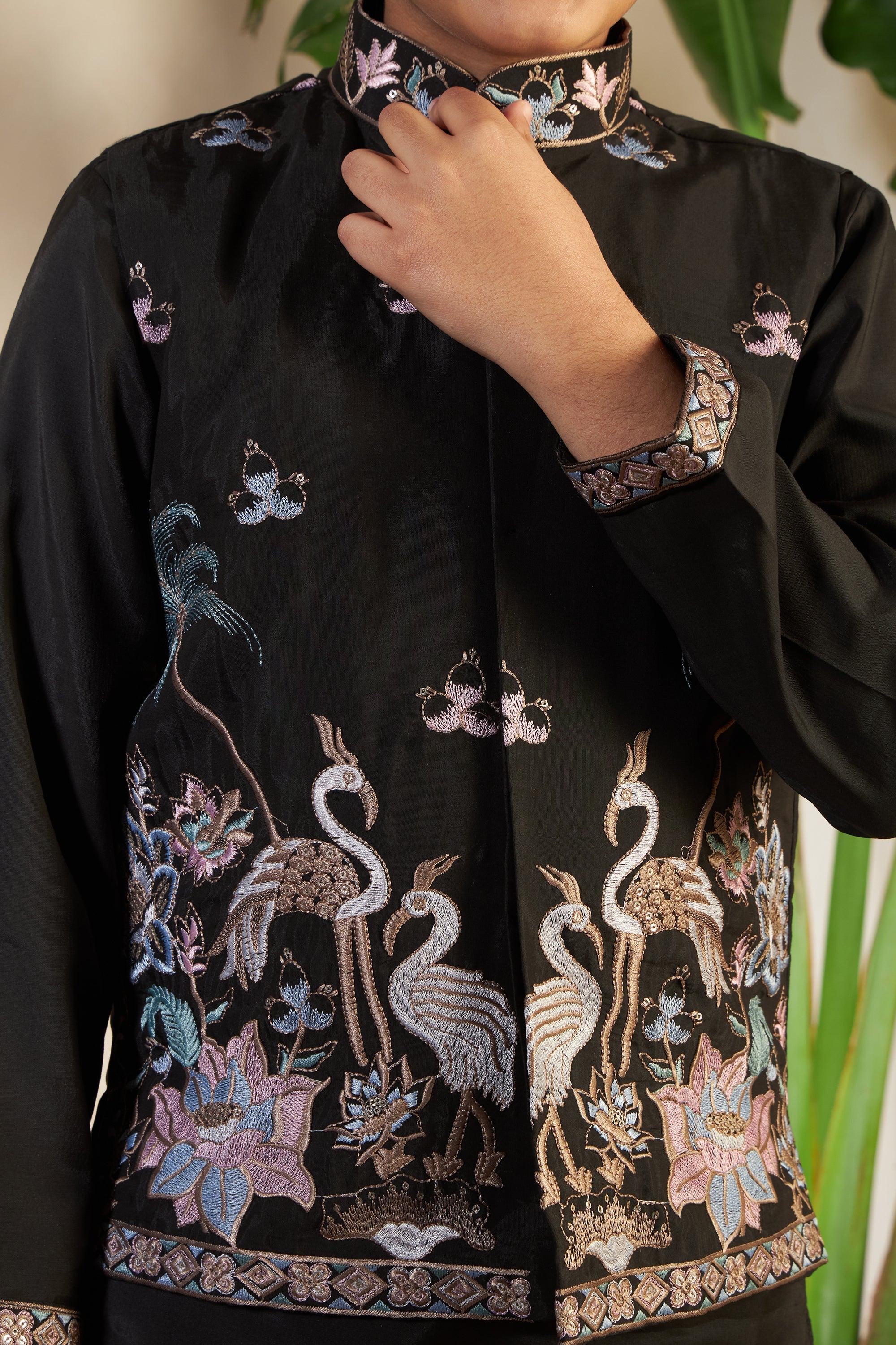 Magic Black Embroidered Koti Kurta Set For Boys