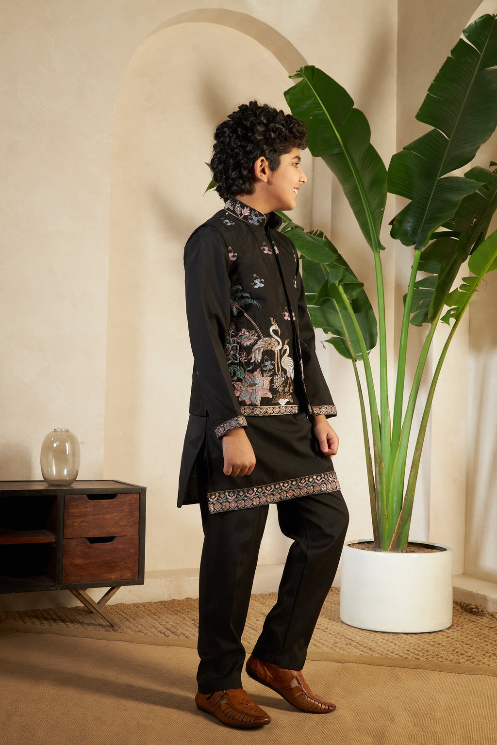 Magic Black Embroidered Koti Kurta Set For Boys