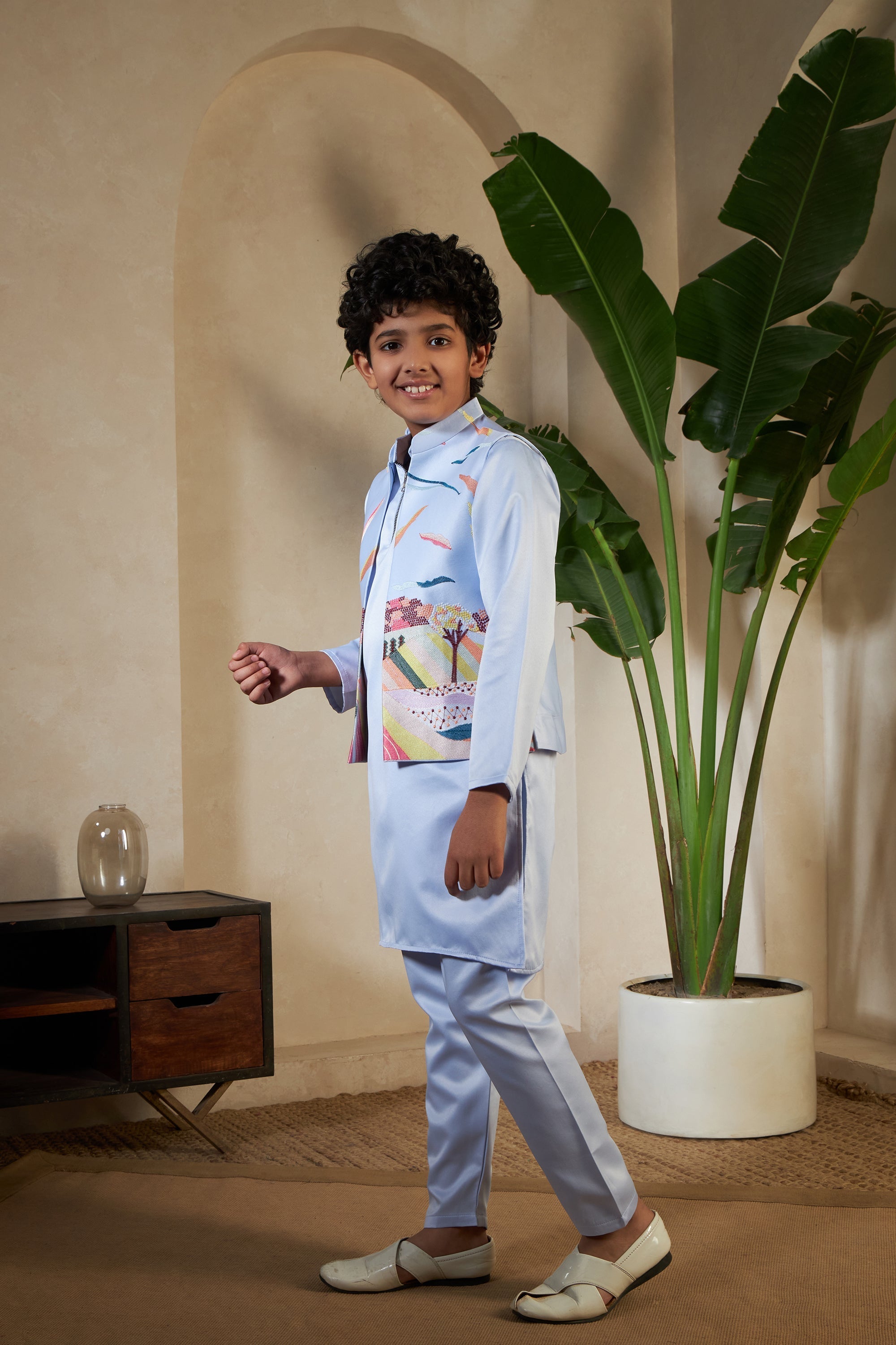 Sky Color Embroidered Carnival Kurta-Jacket Set for Boys