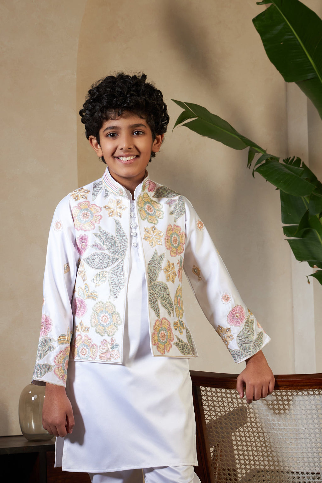 White Malai Satin Silk Embroidered Kurta with Jacket Set for Boys