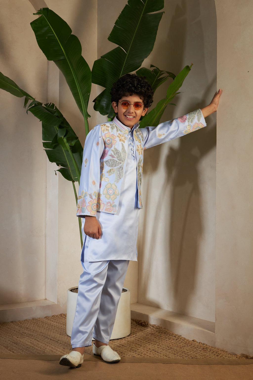 Sky Malai Satin Silk Embroidered Kurta with Jacket Set for Boys