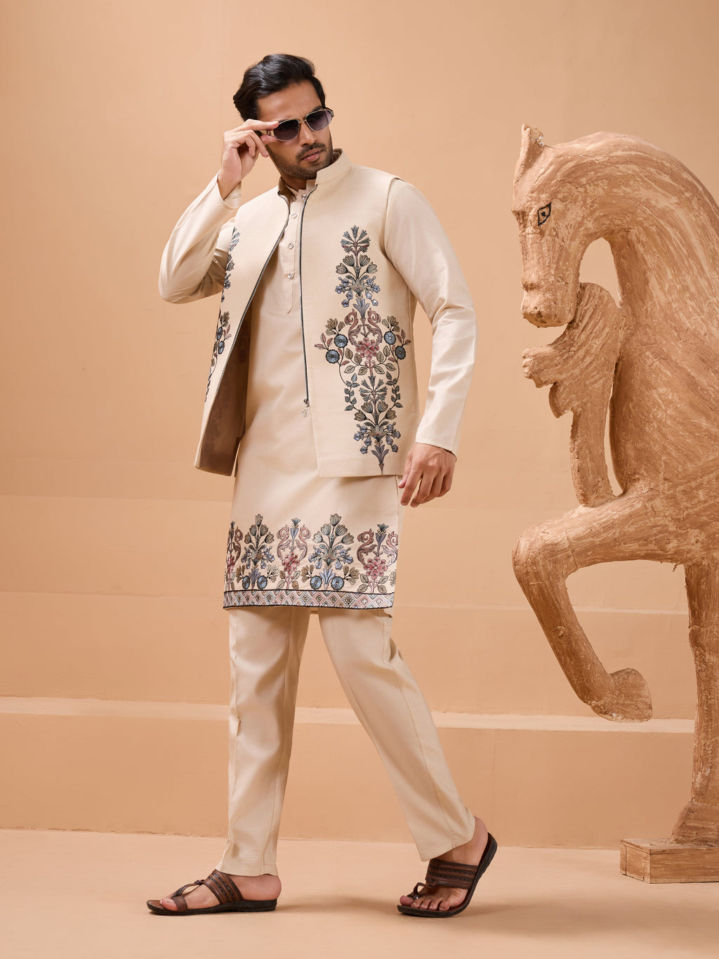 Tendy Beige Wedding Special Koti Kurta Set for Mens Wear Color Koti Kurta Set Pair for Men Collection
