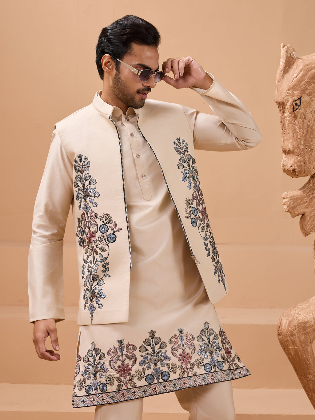 Tendy Beige Wedding Special Koti Kurta Set for Mens Wear Color Koti Kurta Set Pair for Men Collection
