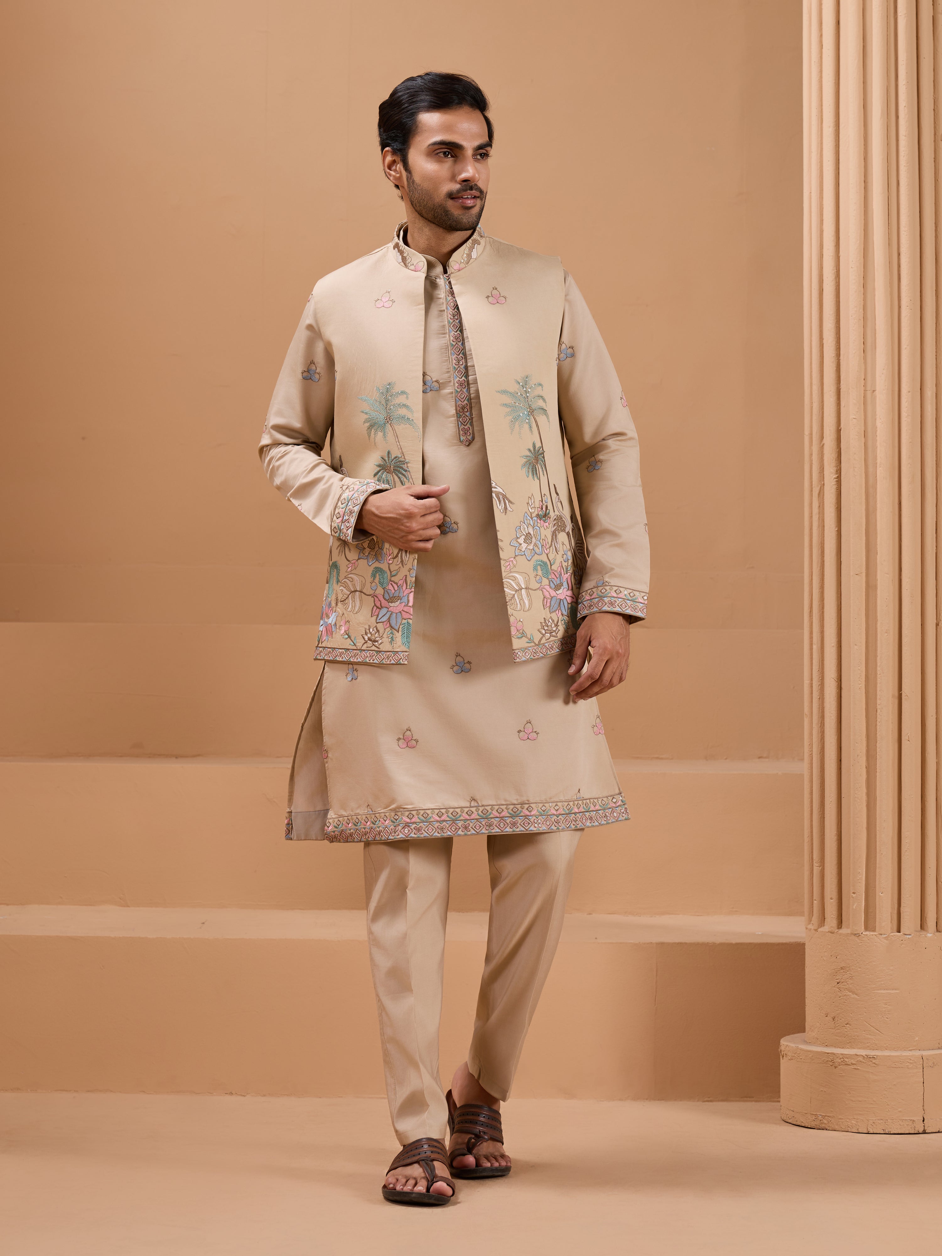 Beige Color Embroidered and Sequence Mens Kurta Jacket and Pant Set