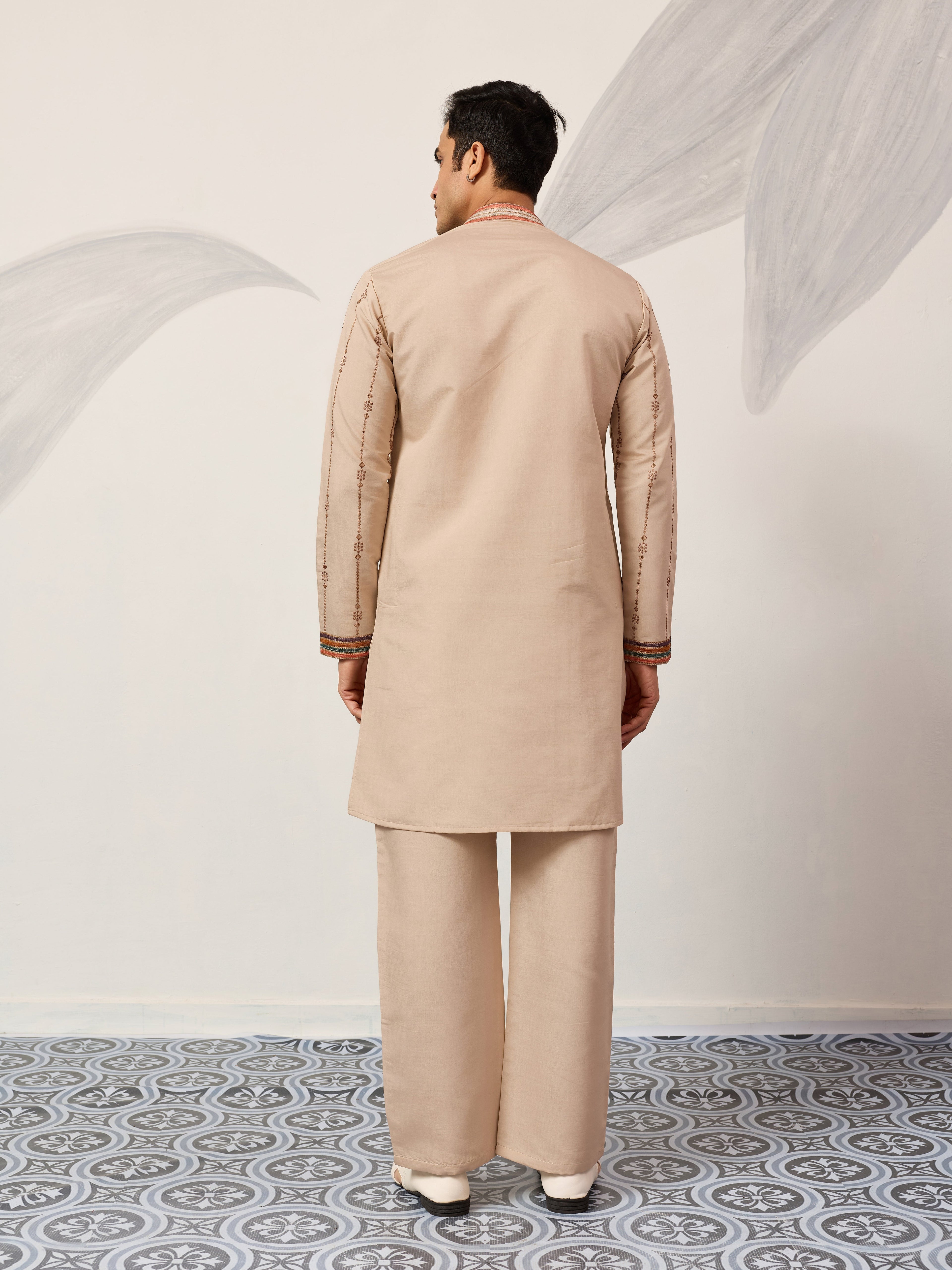 Premium Beige Embroidered V Neck Kurta Pant Set