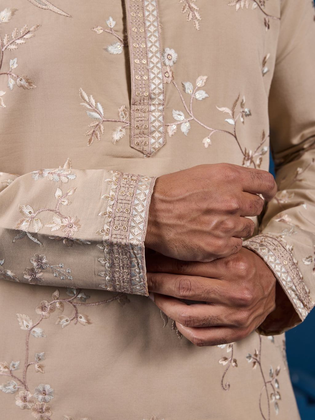 Elegant Beige Embroidered Viscose Silk Kurta for Mens