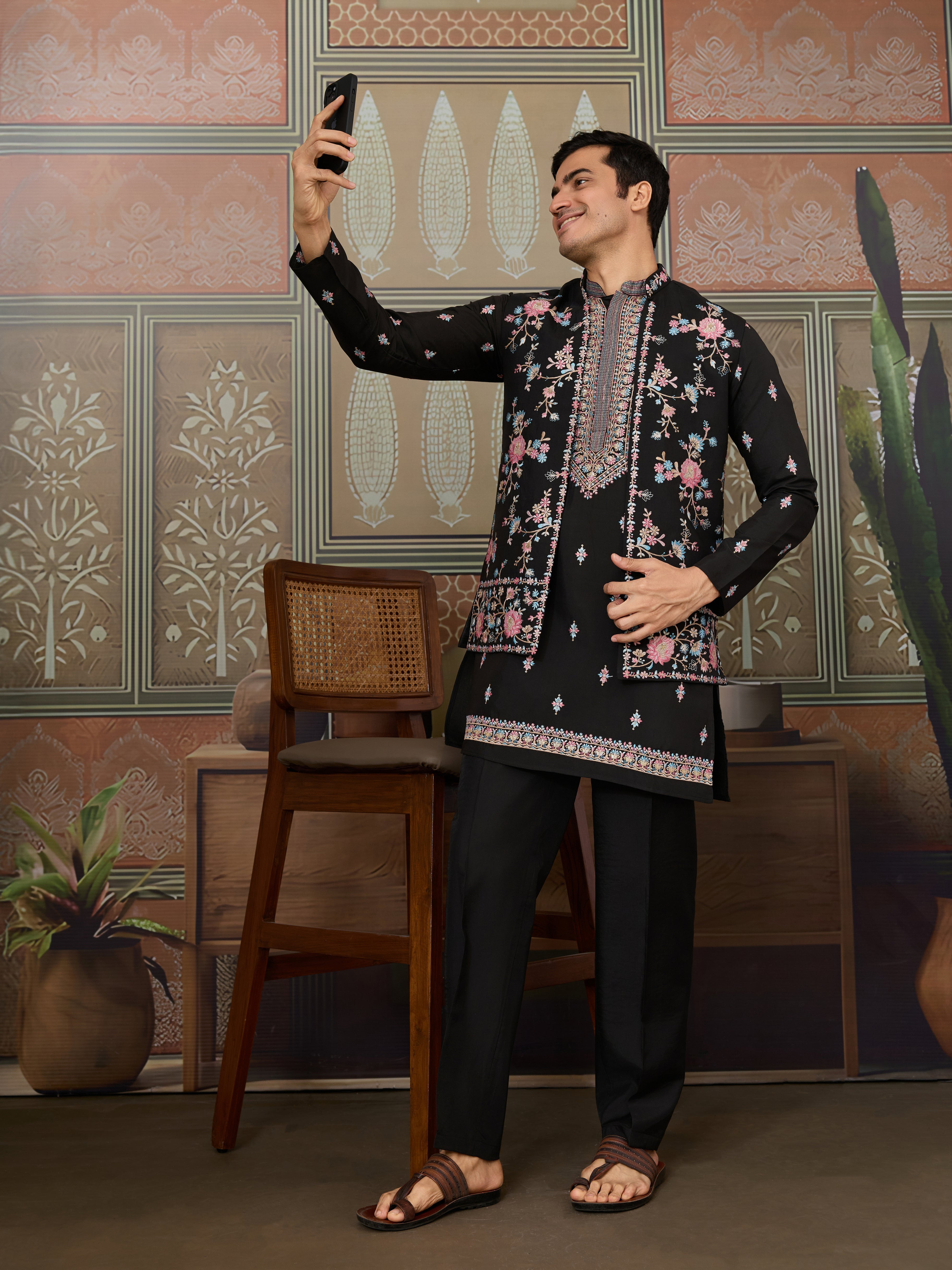 Black Mens Kurta with Stylish Koti for Wedding Wear
