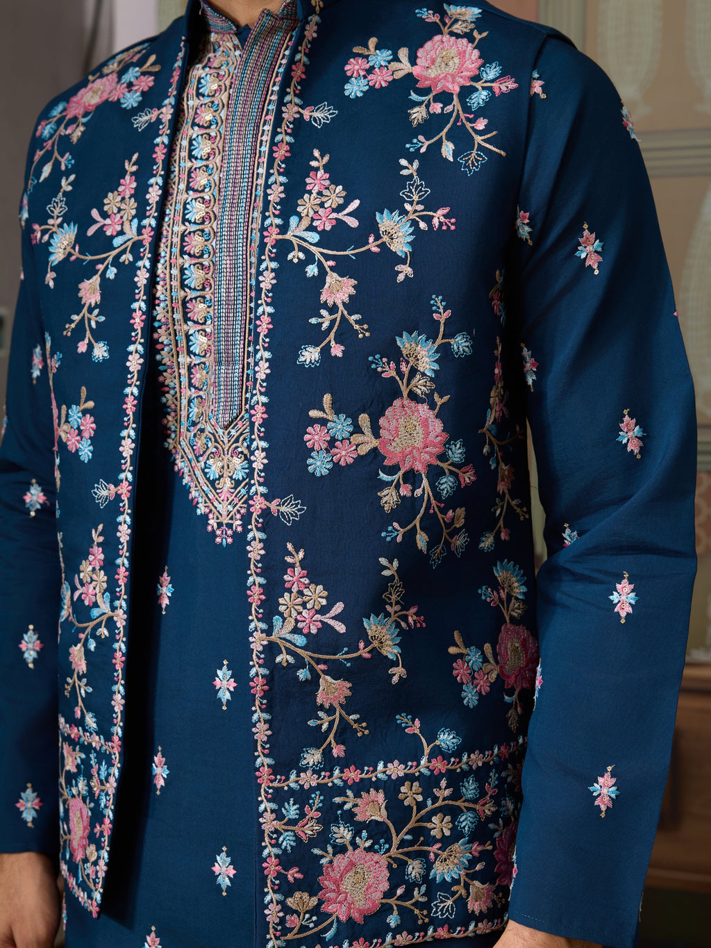 Modern Teal Blue Open Koti Kurta Set for Men

