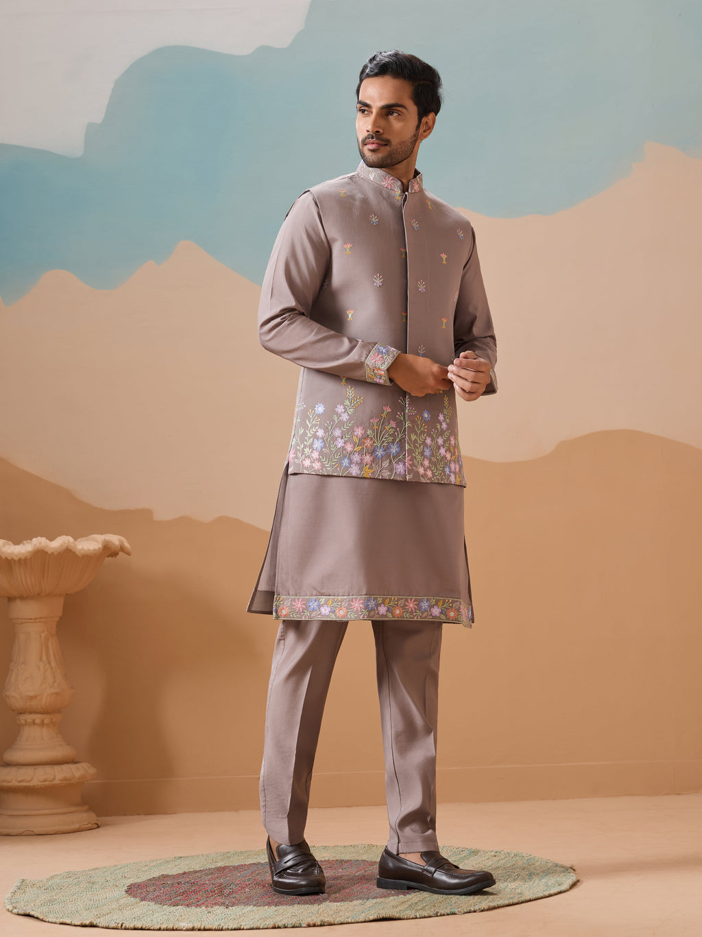 Elegant Grey Embroidered Kurta Jacket and Pant for Mens