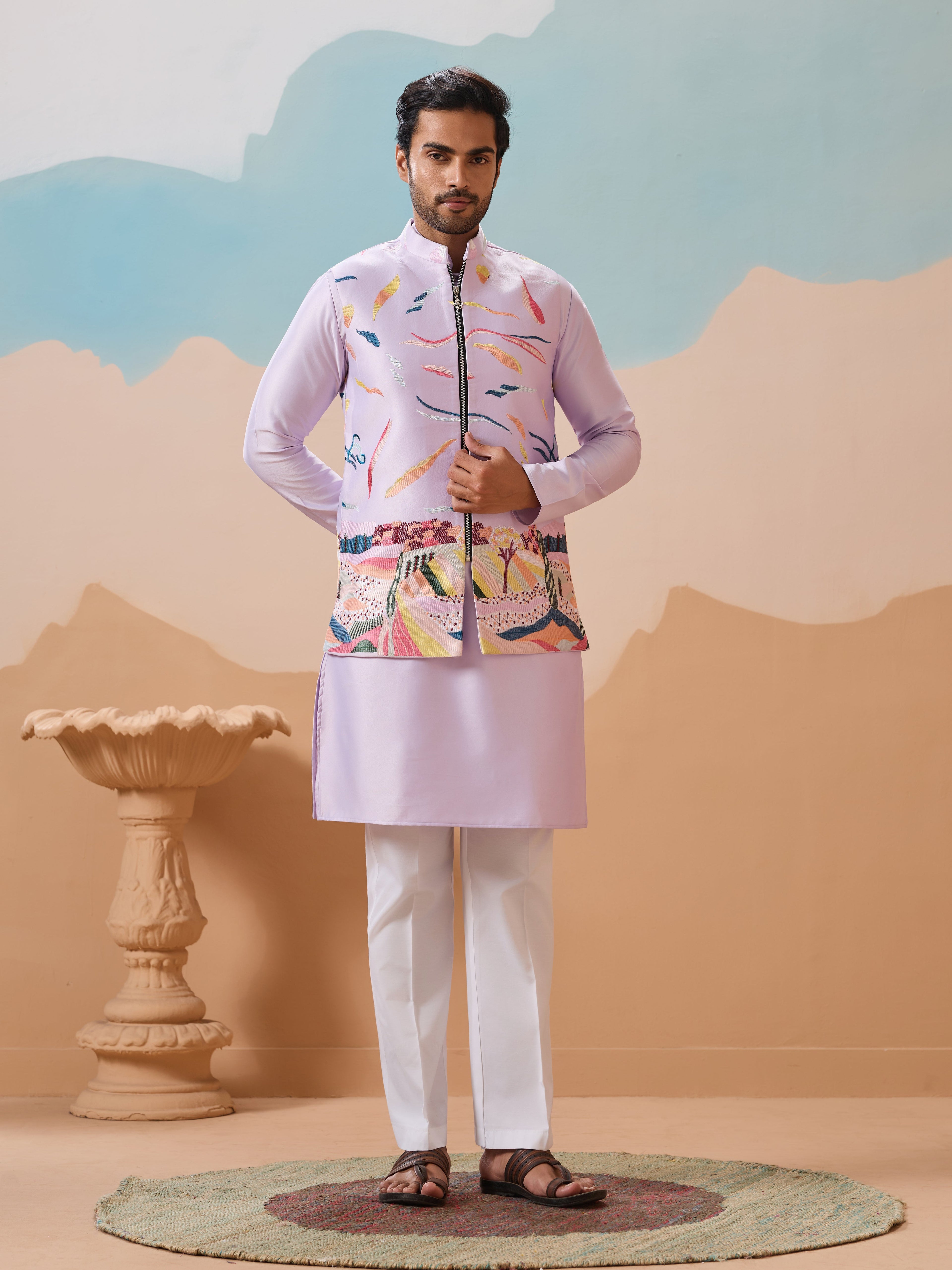 Lavender Wedding Carnival Koti Kurta Set for Mens
