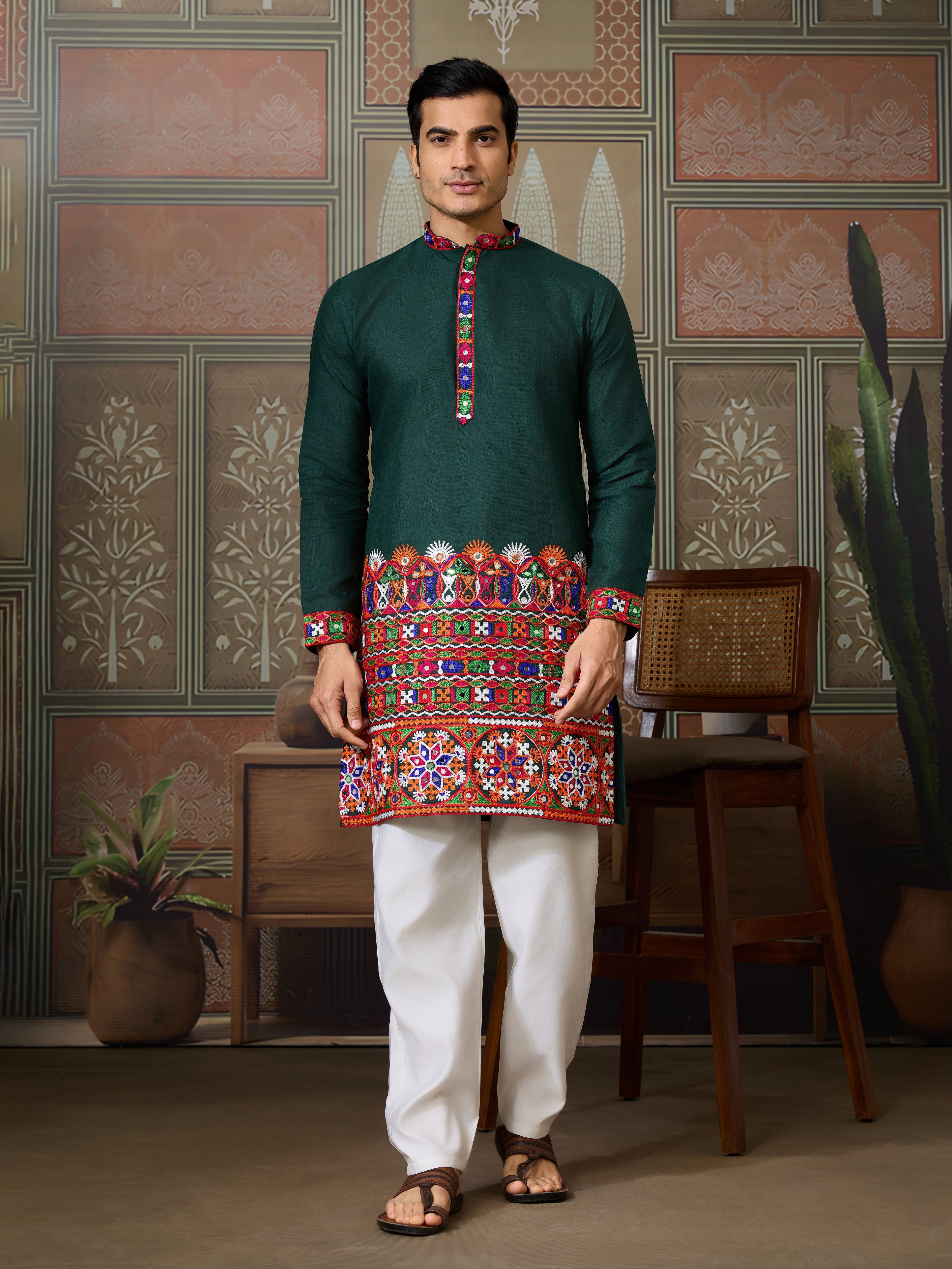 Navratri Style Green Cotton Readymade Kurta for Men
